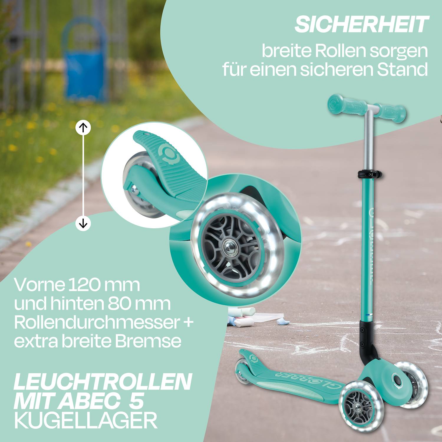 GLOBBER ELITE LIGHTS dunkelmint, mit Leuchtrollen