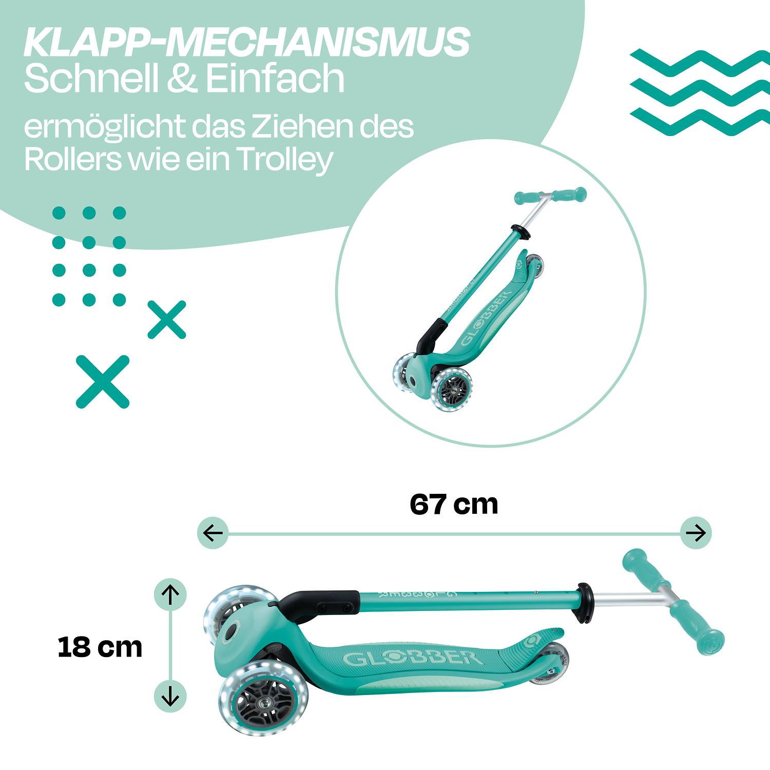 GLOBBER ELITE LIGHTS dunkelmint, mit Leuchtrollen