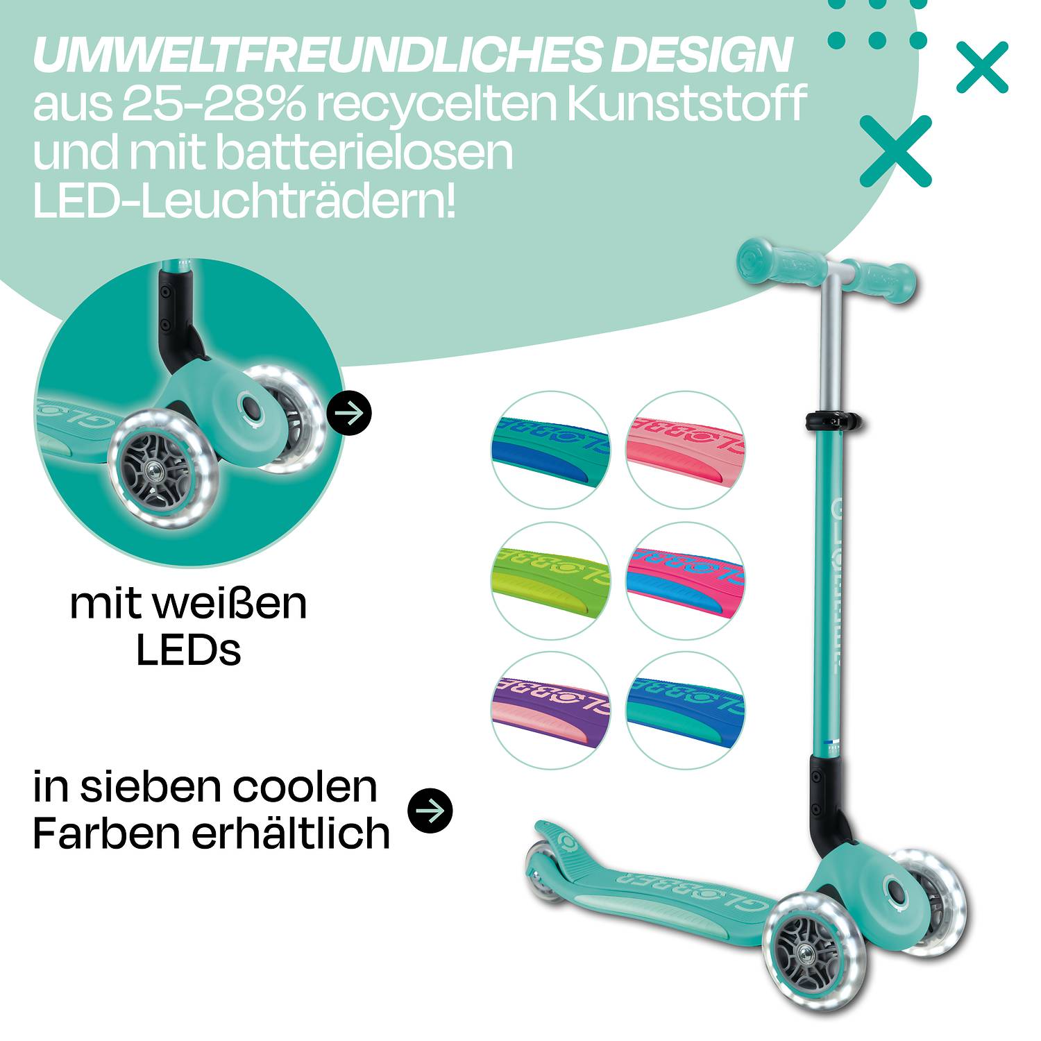 GLOBBER ELITE LIGHTS dunkelmint, mit Leuchtrollen