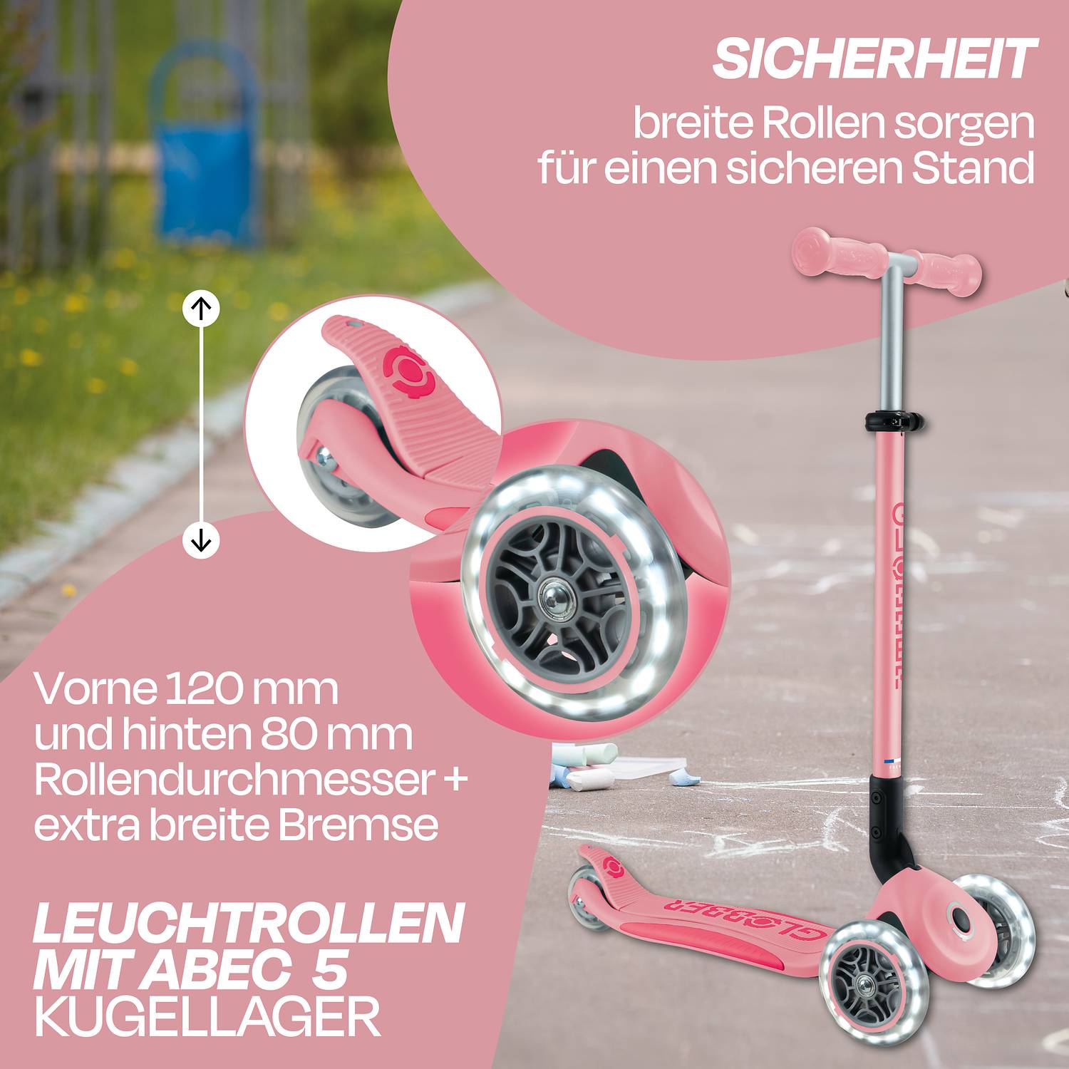 GLOBBER ELITE LIGHTS pastellrosa, mit Leuchtrollen