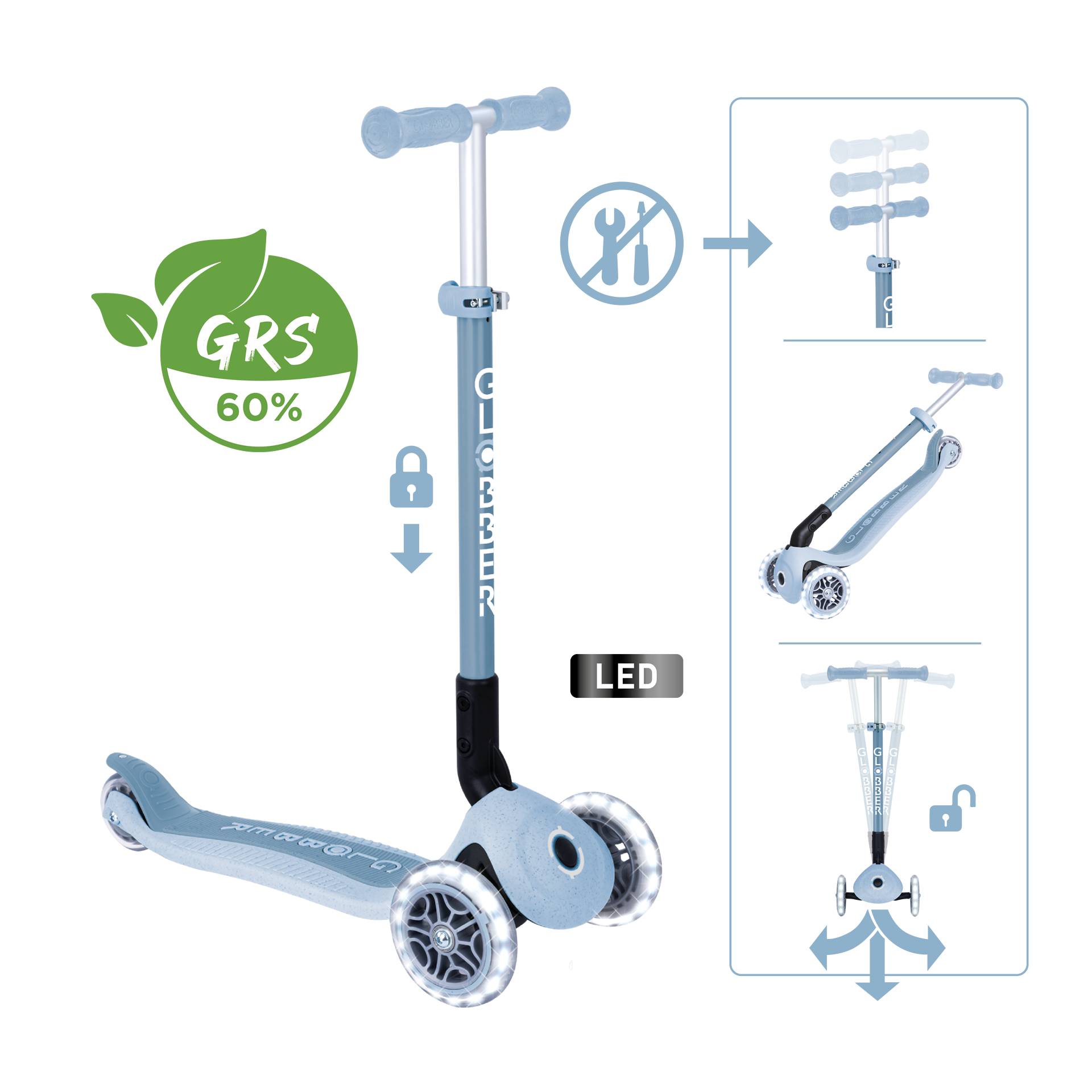 GLOBBER PRIMO FOLDABLE LIGHTS ECO blaubeere, mit Leuchtrollen