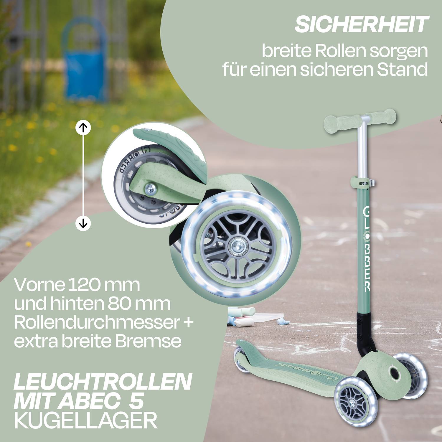 GLOBBER PRIMO FOLDABLE LIGHTS ECO pistazie, mit Leuchtrollen
