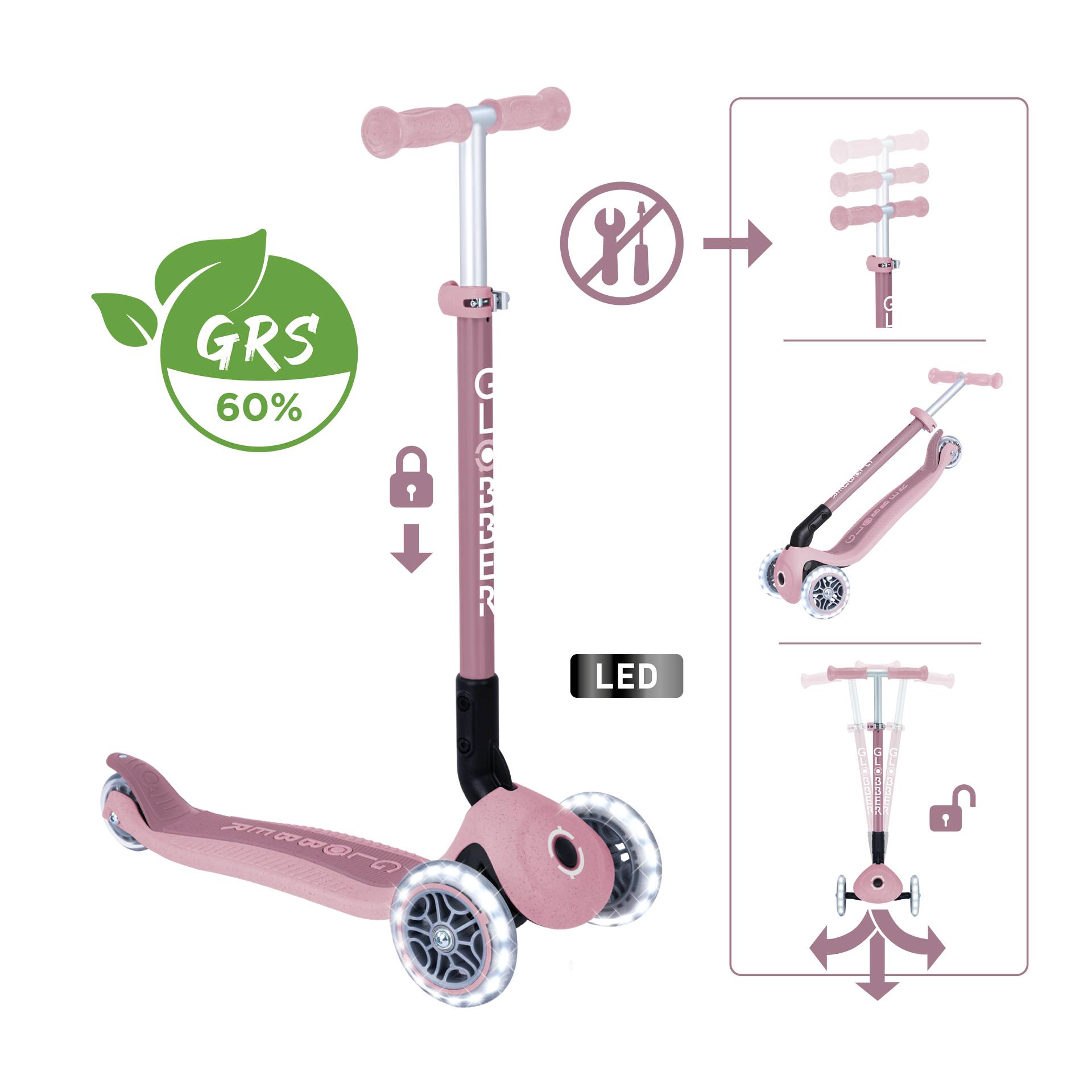 GLOBBER PRIMO FOLDABLE LIGHTS ECO beere, mit Leuchtrollen