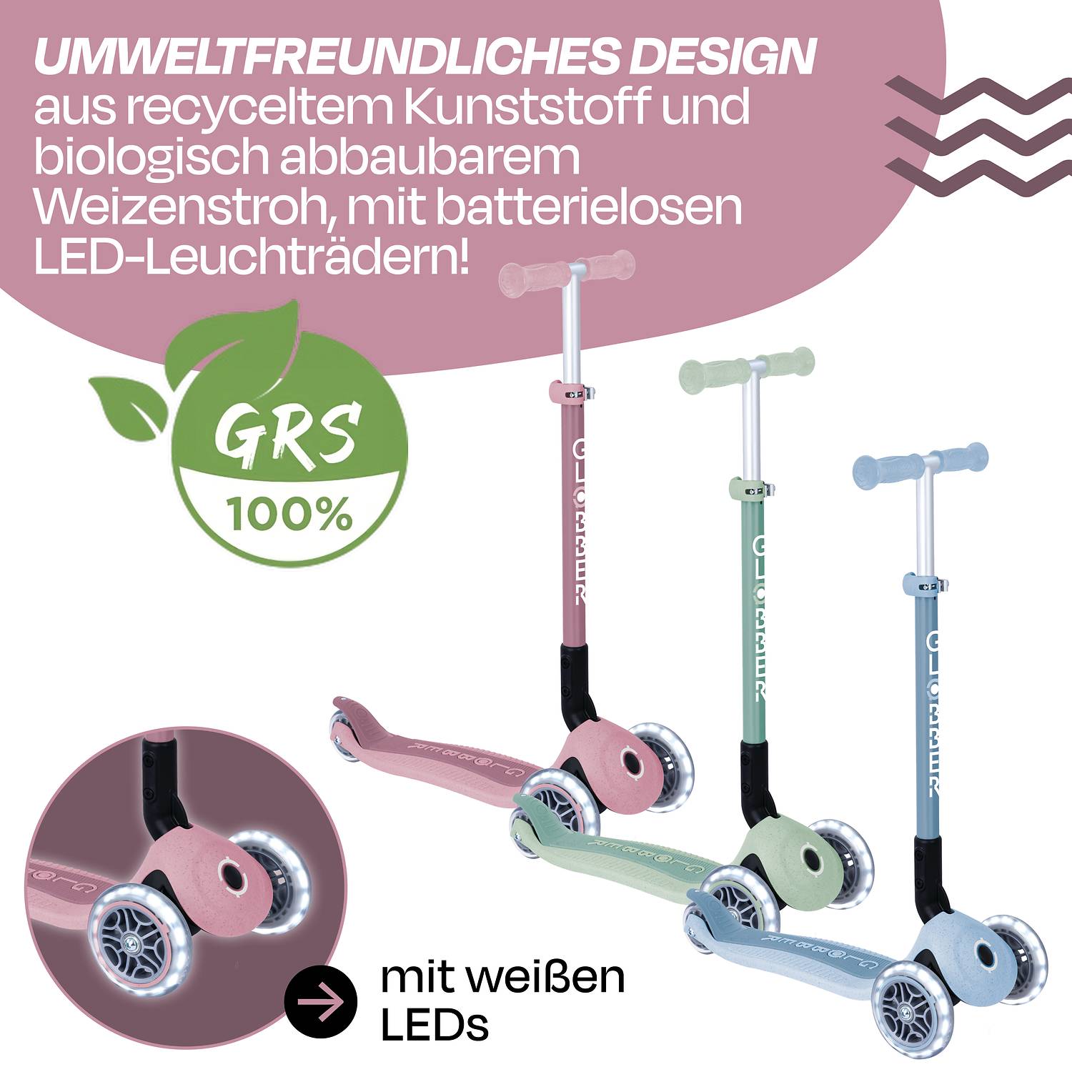 GLOBBER PRIMO FOLDABLE LIGHTS ECO beere, mit Leuchtrollen