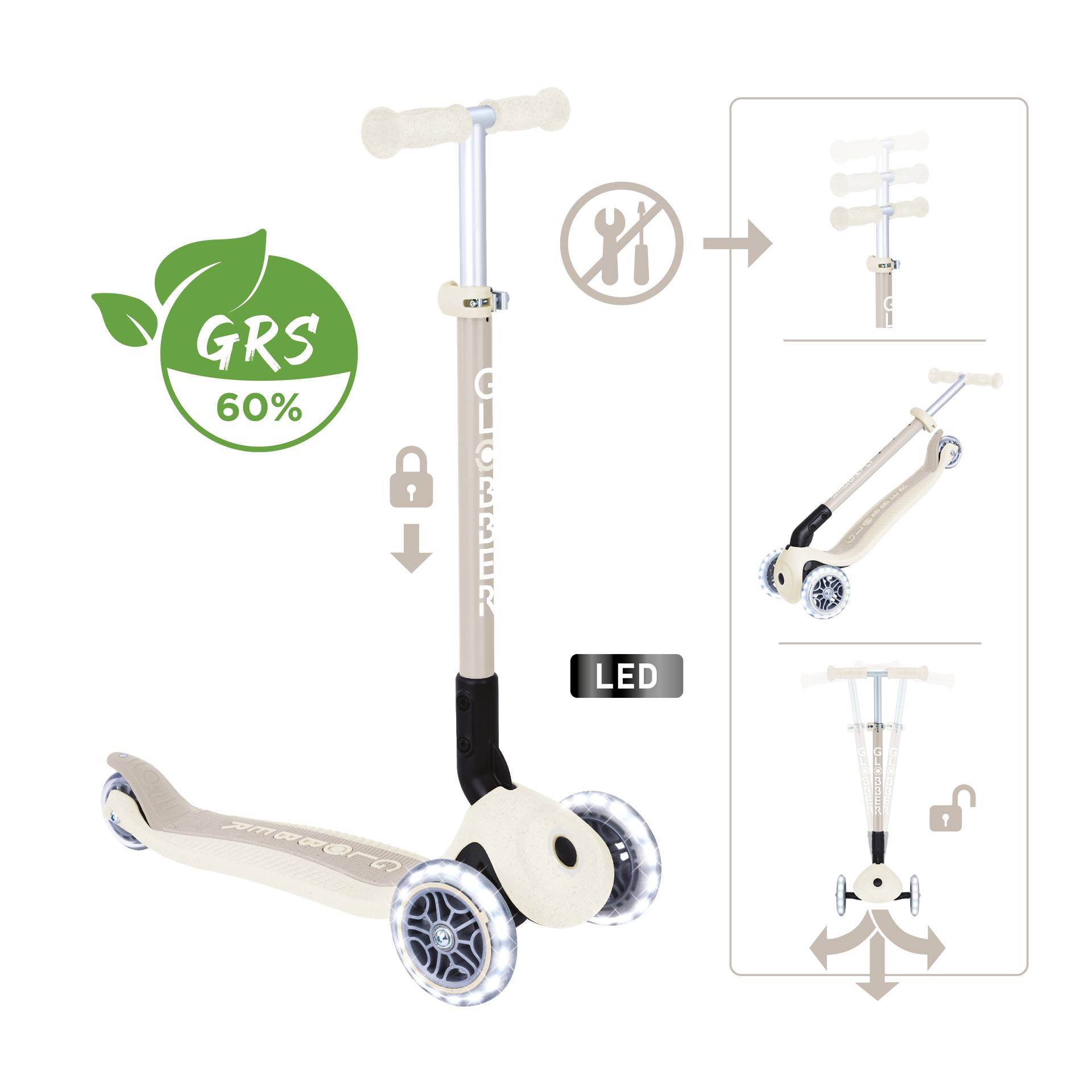 GLOBBER PRIMO FOLDABLE LIGHTS ECO kokos weiß, mit Leuchtrollen