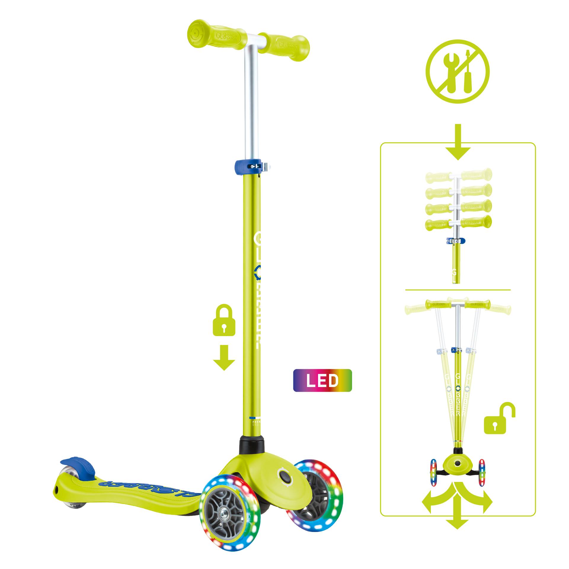 GLOBBER PRIMO PLUS LIGHTS lime grün, mit Leuchtrollen