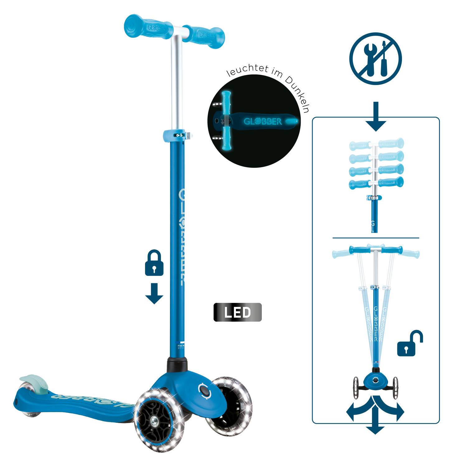 GLOBBER PRIMO PLUS GLOW LIGHTS petrol, mit Leuchtrollen und Glow-Effekt