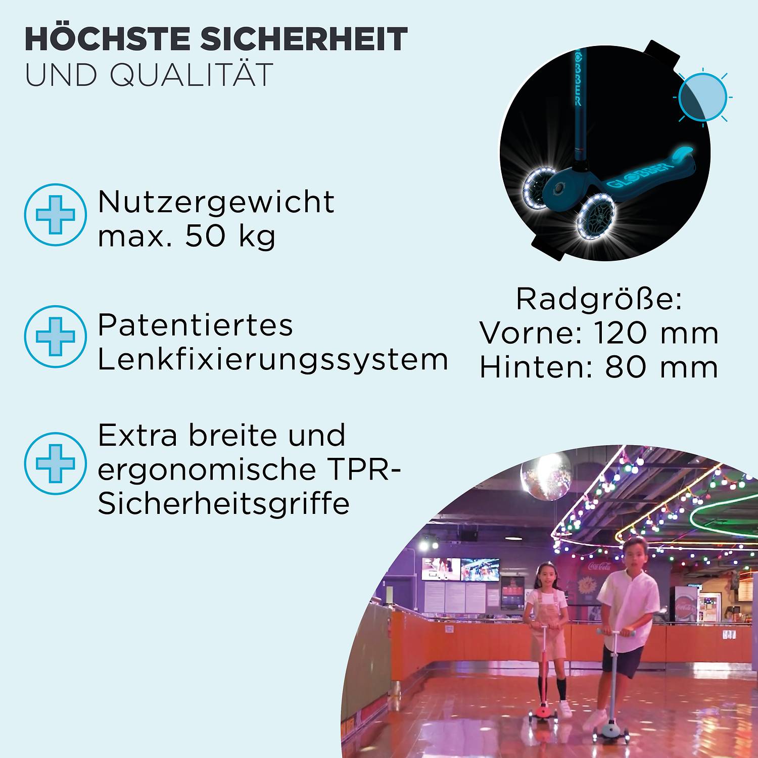 GLOBBER PRIMO PLUS GLOW LIGHTS petrol, mit Leuchtrollen und Glow-Effekt