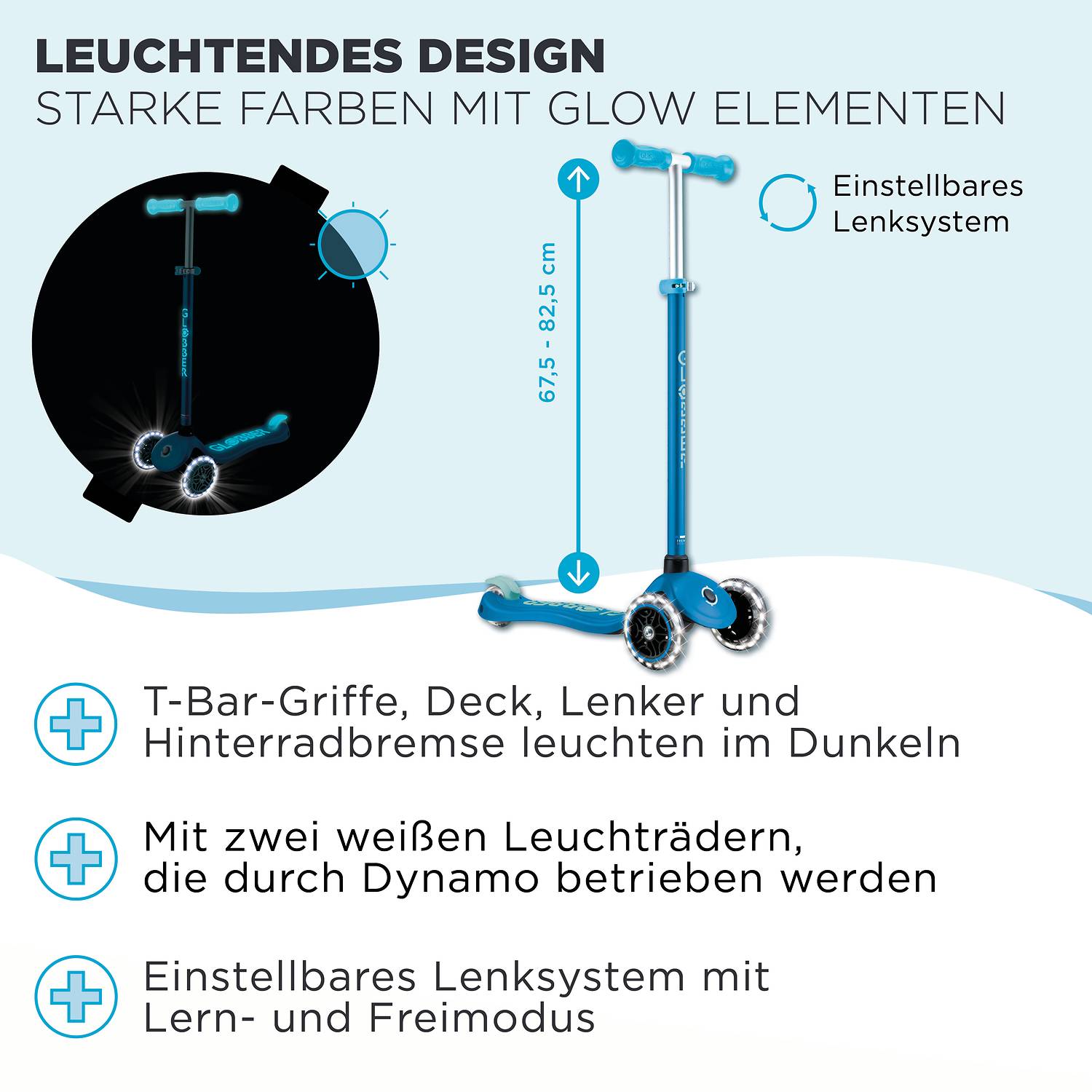 GLOBBER PRIMO PLUS GLOW LIGHTS petrol, mit Leuchtrollen und Glow-Effekt