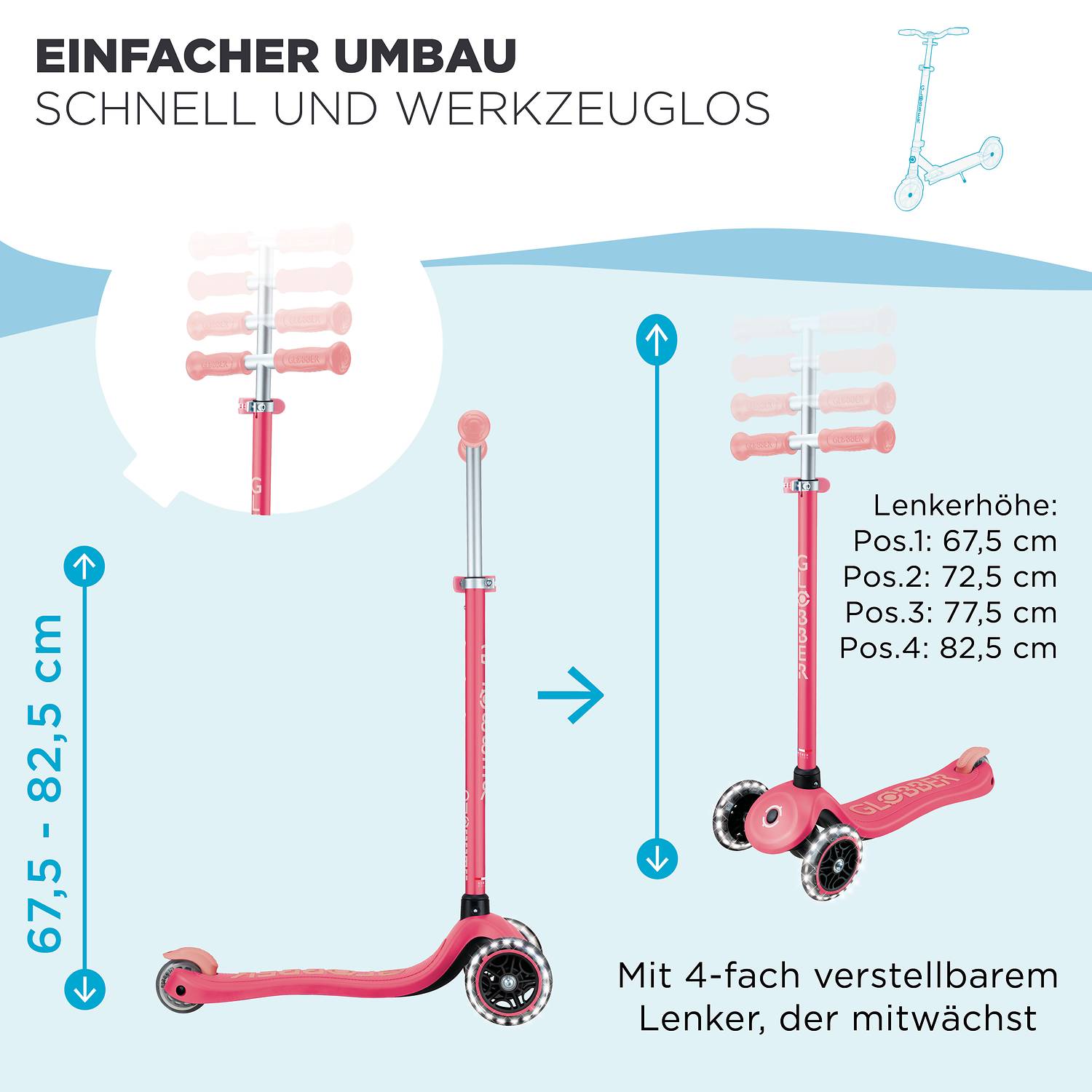 GLOBBER PRIMO PLUS GLOW LIGHTS coral pink, mit Leuchtrollen und Glow-Effekt