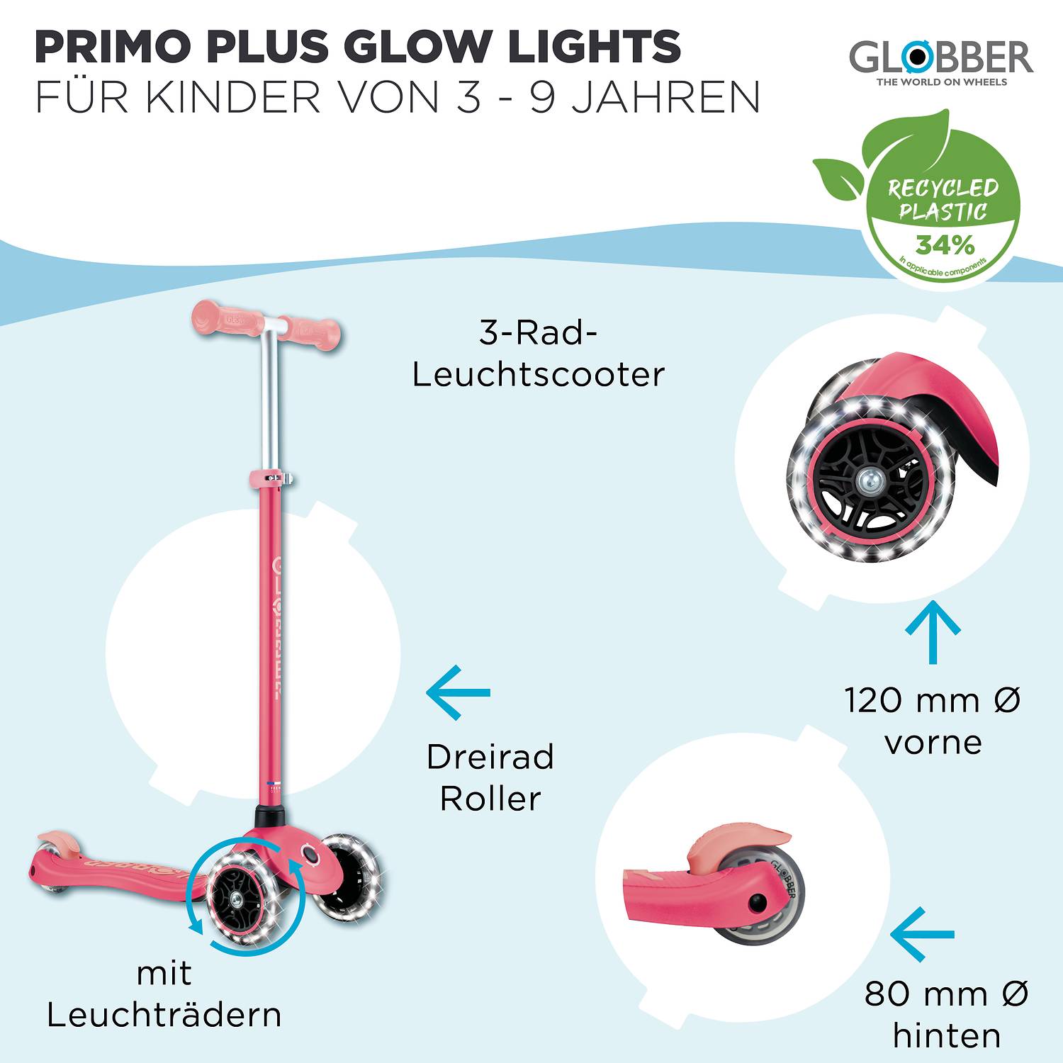 GLOBBER PRIMO PLUS GLOW LIGHTS coral pink, mit Leuchtrollen und Glow-Effekt