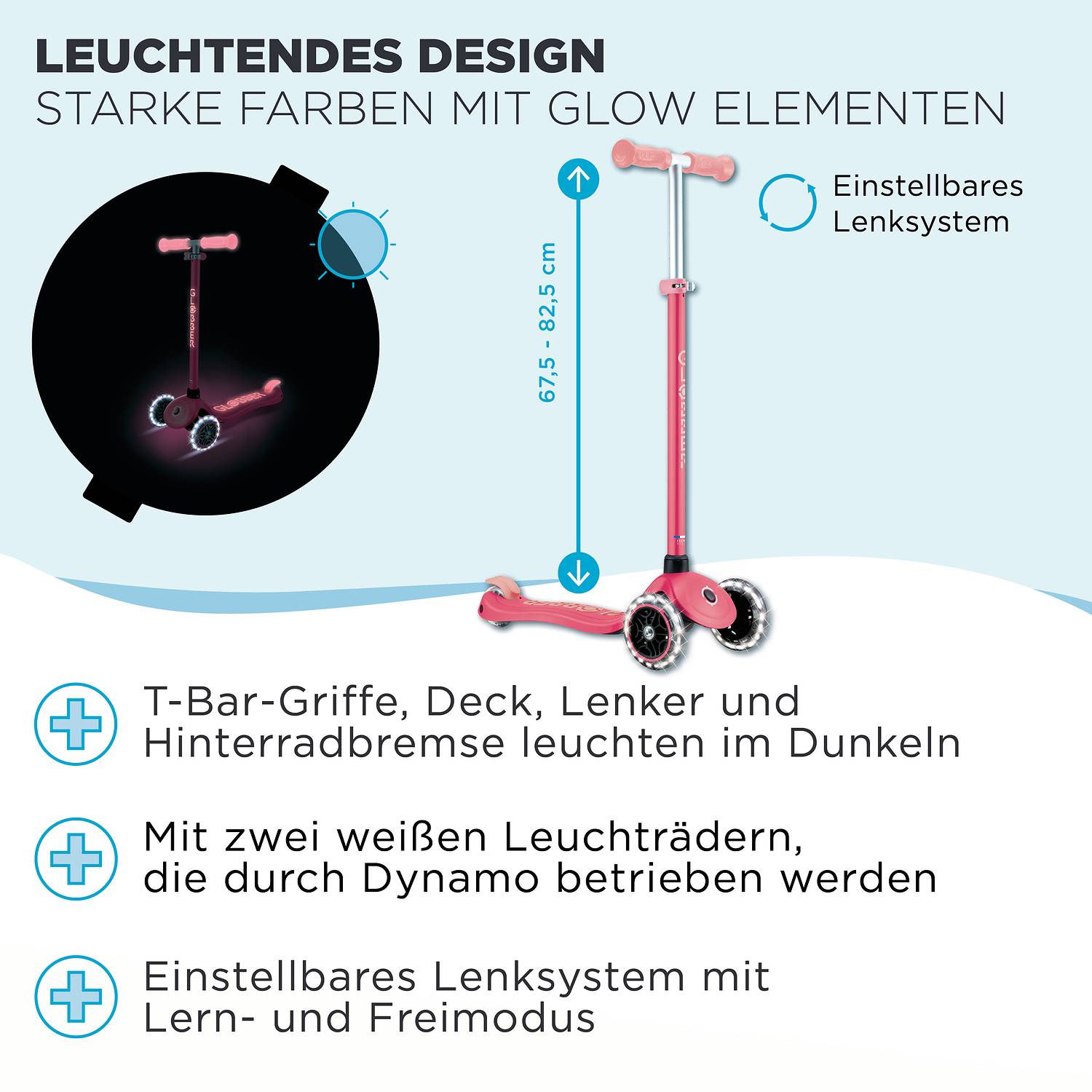 GLOBBER PRIMO PLUS GLOW LIGHTS coral pink, mit Leuchtrollen und Glow-Effekt