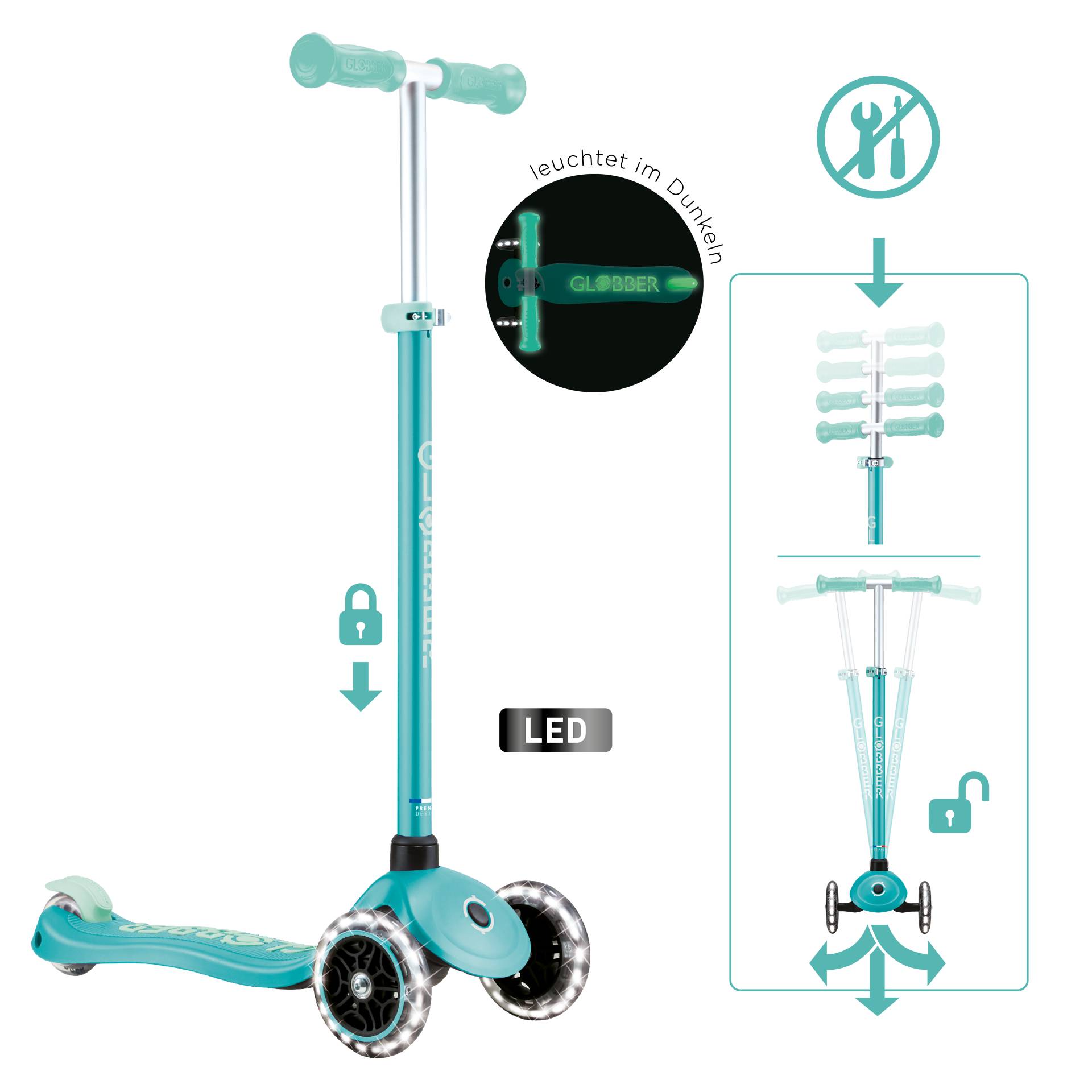 GLOBBER PRIMO PLUS GLOW LIGHTS dunkelmint, mit Leuchtrollen und Glow-Effekt