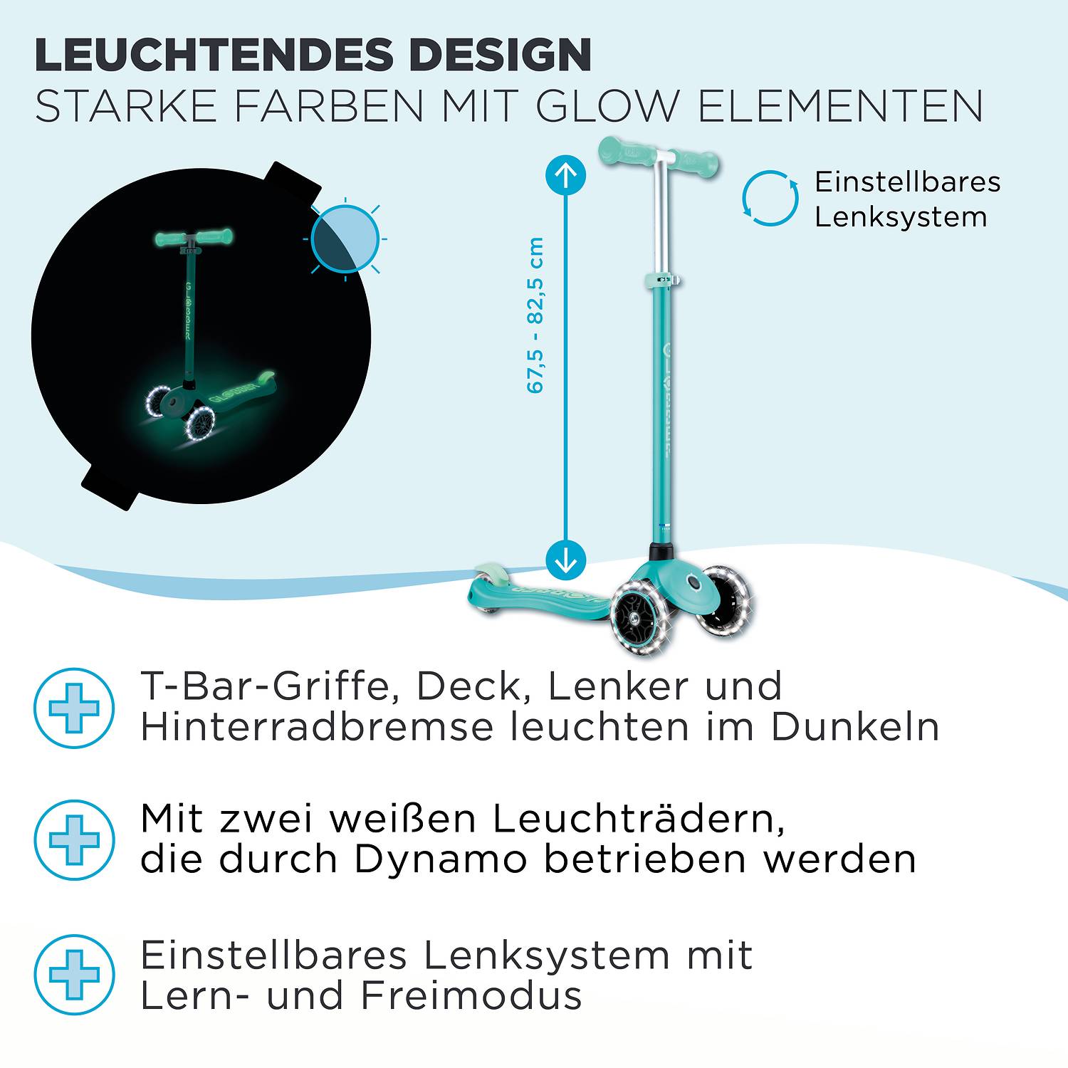 GLOBBER PRIMO PLUS GLOW LIGHTS dunkelmint, mit Leuchtrollen und Glow-Effekt