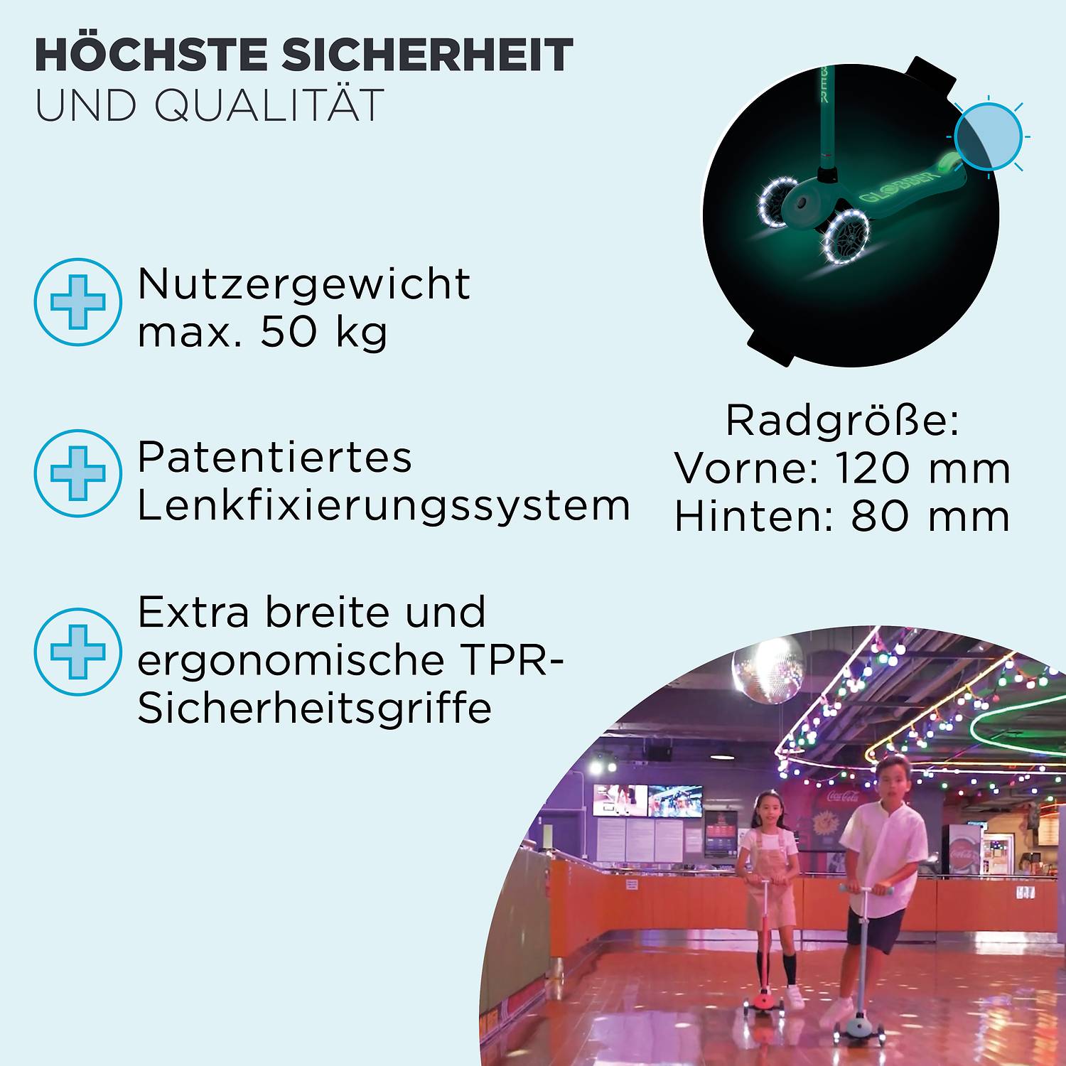 GLOBBER PRIMO PLUS GLOW LIGHTS dunkelmint, mit Leuchtrollen und Glow-Effekt