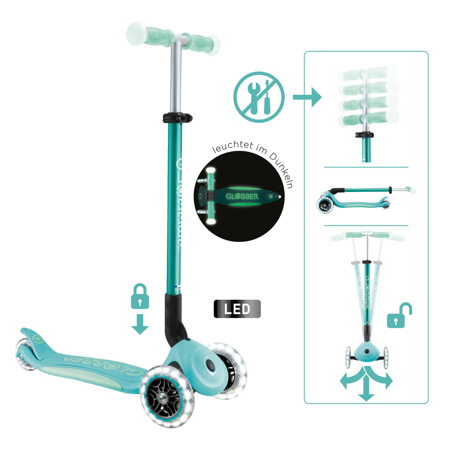 GLOBBER ELITE GLOW LIGHTS dunkelmint, mit Leuchtrollen und Glow-Effekt