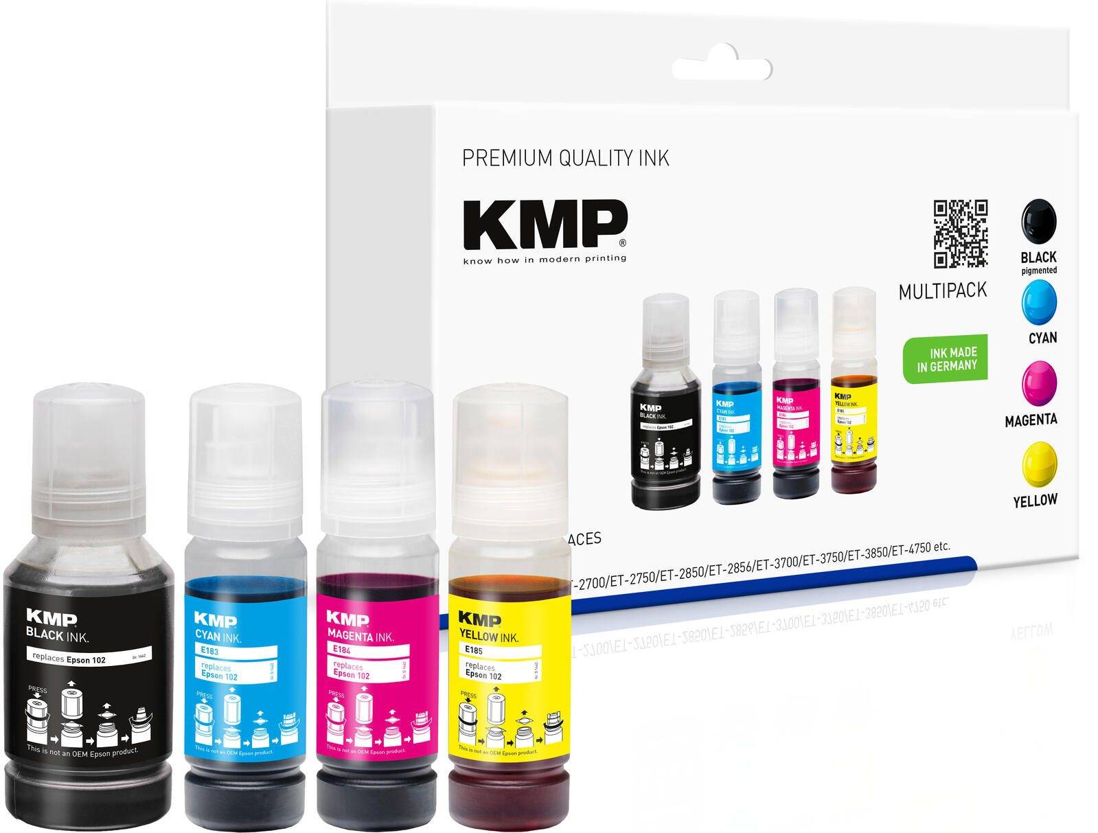 Tintenflaschen schwarz, cyan, magenta, gelb kompatibel zu EPSON 102 (T03R640), 4er-Set