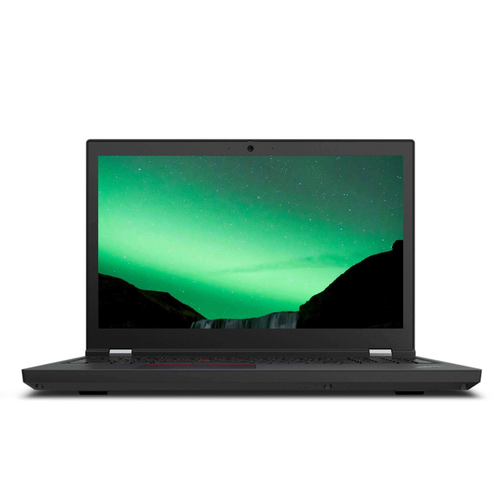 Ein nach vorne ausgerichteter schwarzer Laptop zeigt ein grünes Polarlicht über dunklen Bergen auf weißem Hintergrund.