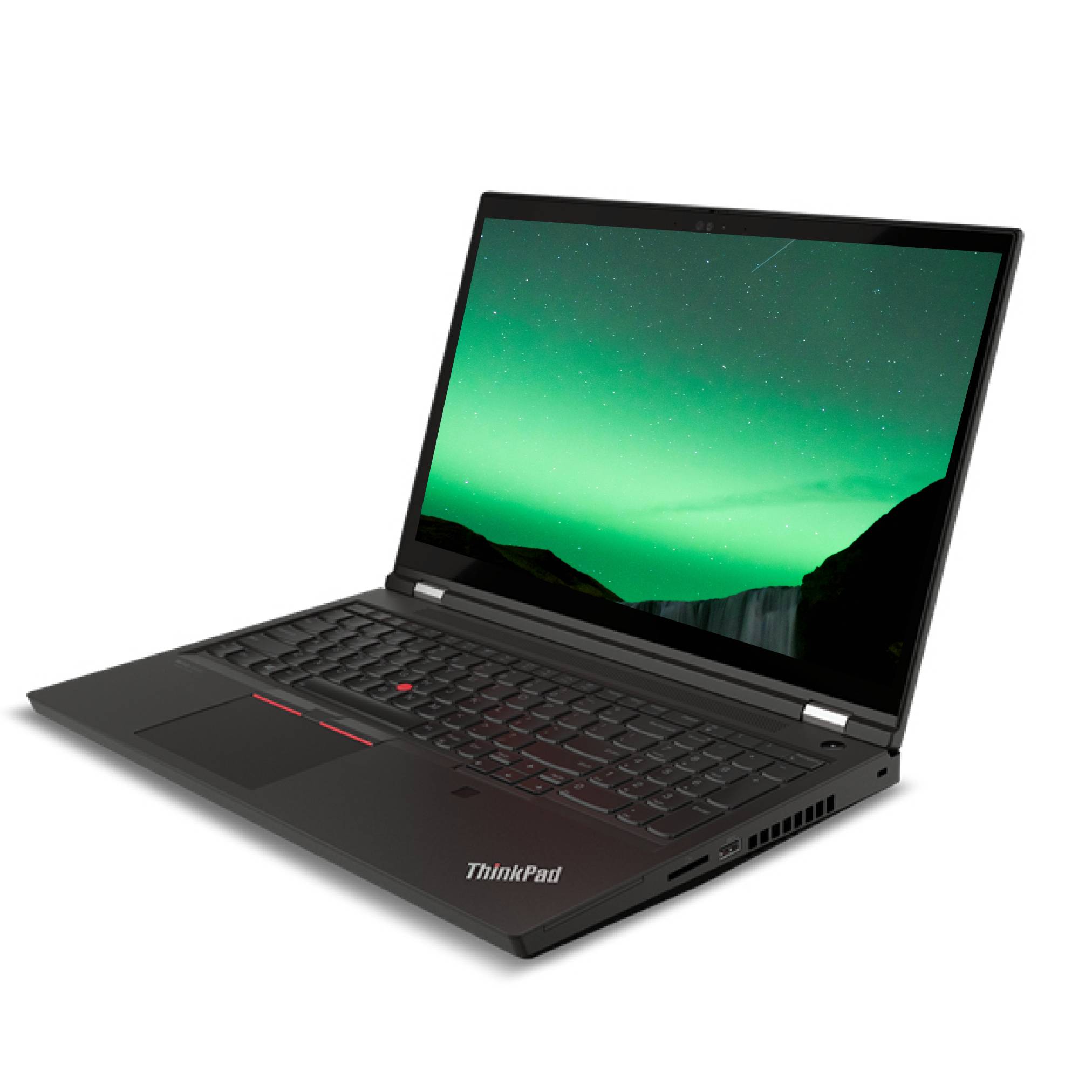 Schwarzer Lenovo ThinkPad Laptop in einem Winkel geöffnet, zeigt ein grünes Aurora-Hintergrundbild auf dem Bildschirm.