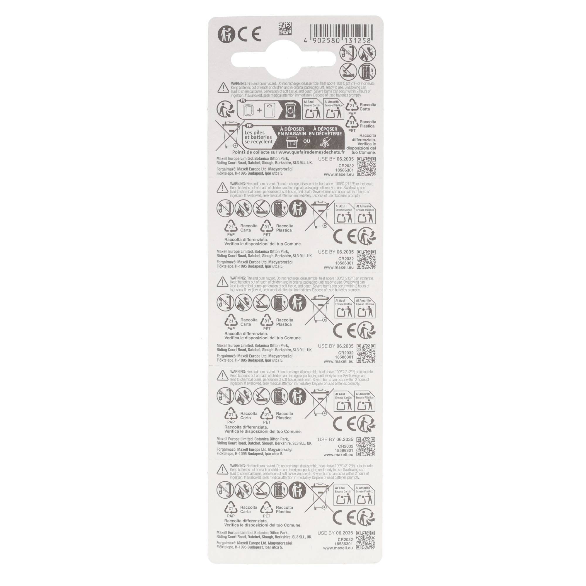 Rückseite eines Blisterpackungs-Etikettenblatts mit wiederholten Sicherheitswarnungen, Symbolen, CE-Zeichen, Strichcodes und mehrsprachigen Produktanweisungen.