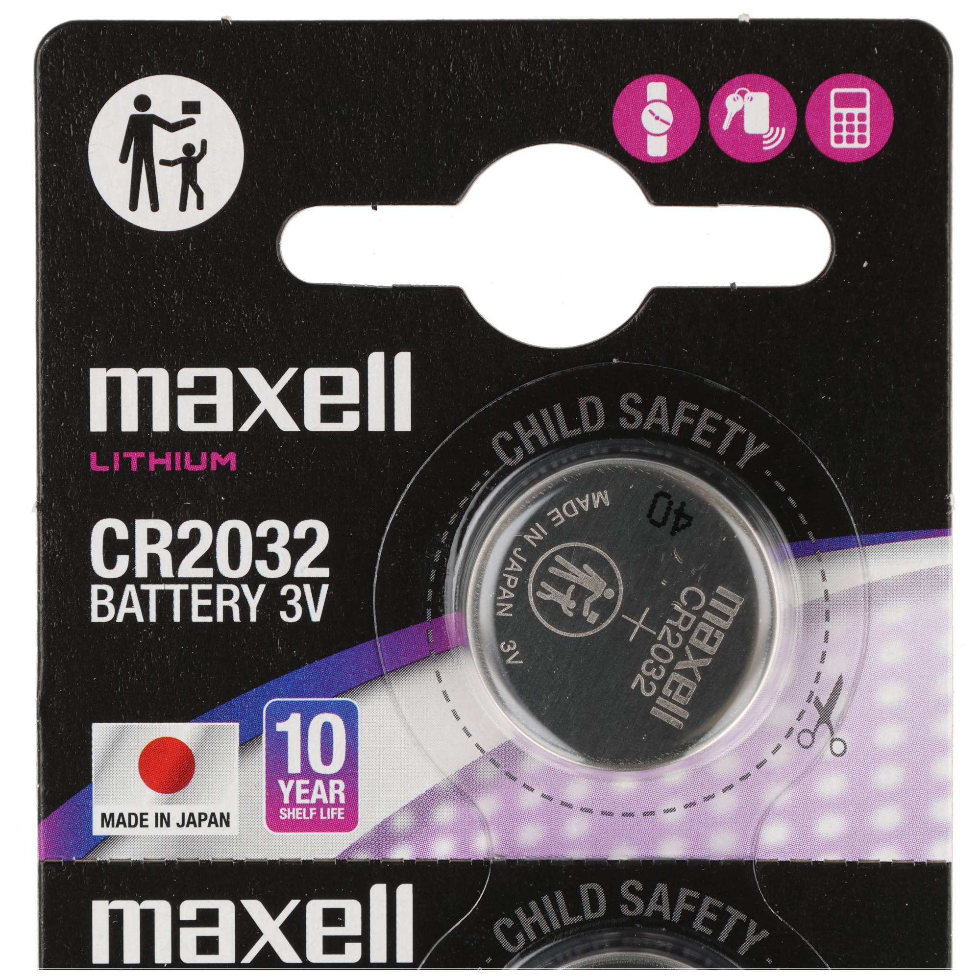 Maxell CR2032 3V Lithium-Knopfzellenbatterien-Verpackung mit Kindersicherheitswarnung und Etikett für 10-jährige Lagerfähigkeit.
