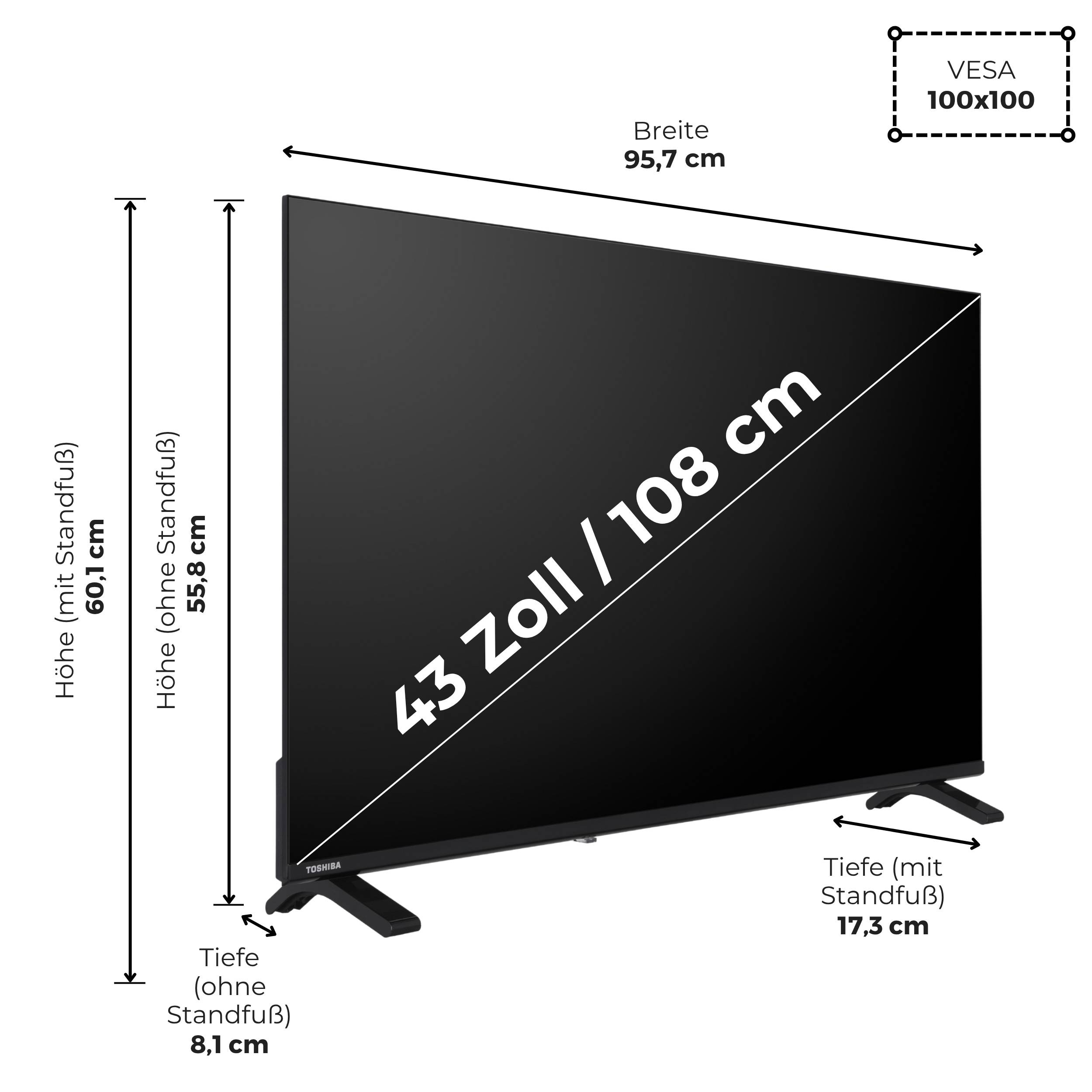 Toshiba 43UV1563DDW 43 Zoll Smart TV VIDAA 4K UHD Fernseher Dolby Vision HDR, Triple-Tuner (2026)