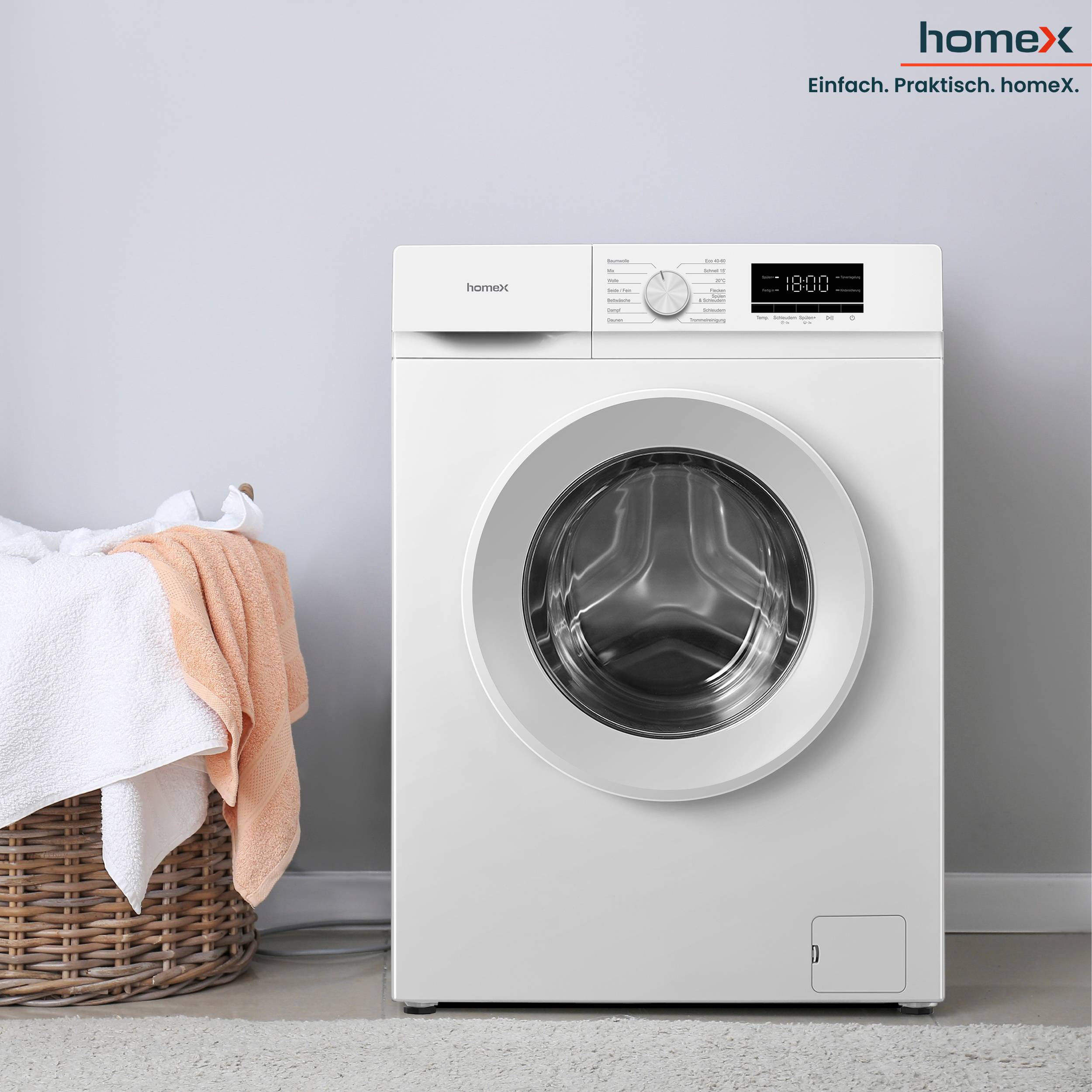 homeX Waschmaschine 6kg, Frontlader - 1.000 U/Min, AquaStop, Inverter Motor, 14 Programme, 39 cm Tiefe, weiß, WF610K1A-W