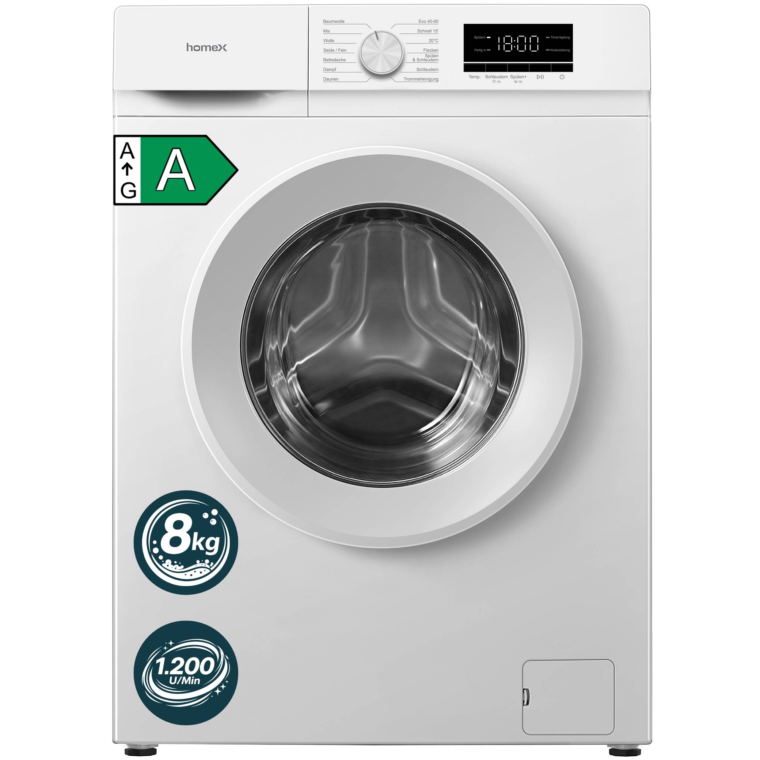 homeX Waschmaschine 8kg, Frontlader - 1.200 U/Min, AquaStop, Inverter Motor, 14 Programme, leise 74 dB, weiß, WF812K1A-W