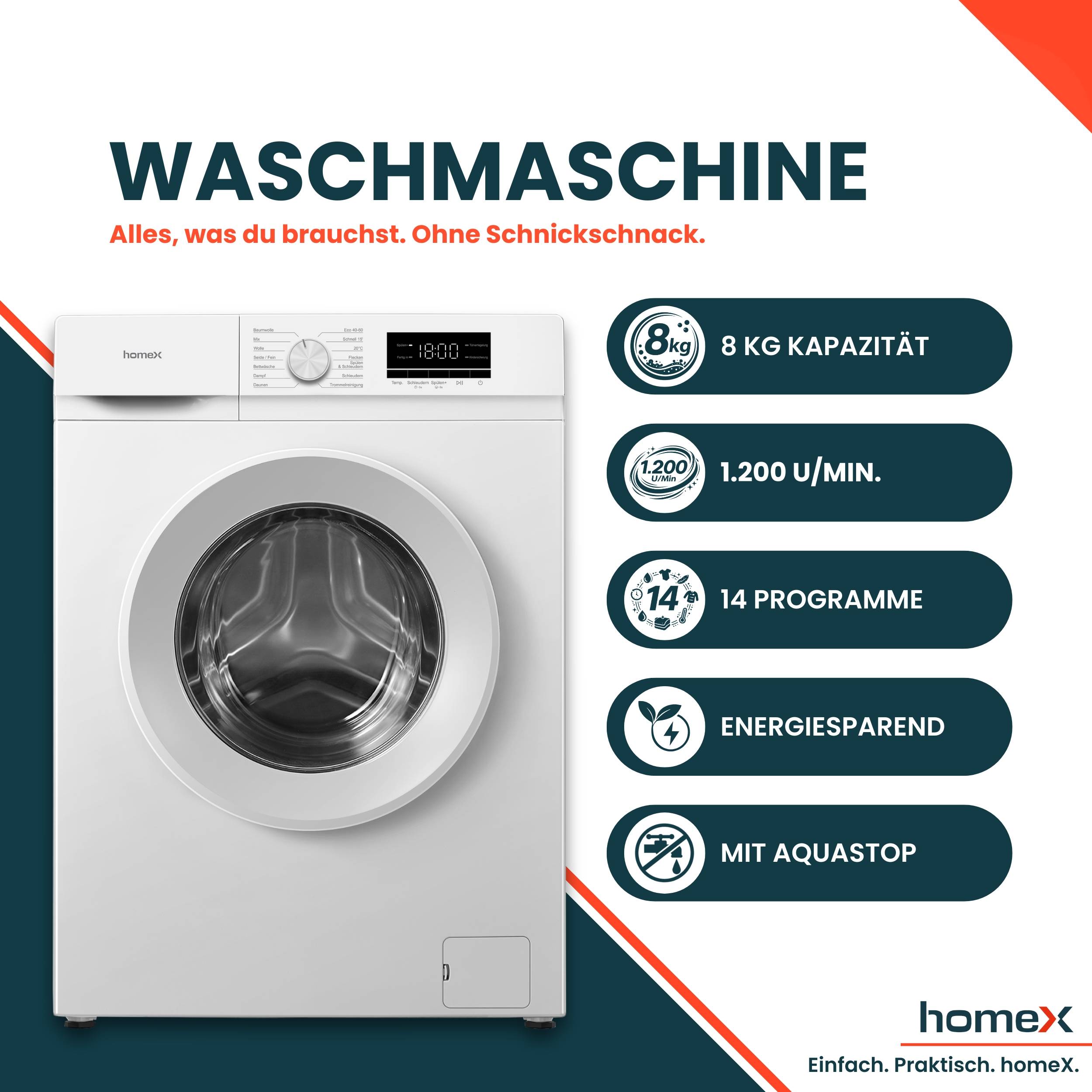 homeX Waschmaschine 8kg, Frontlader - 1.200 U/Min, AquaStop, Inverter Motor, 14 Programme, leise 74 dB, weiß, WF812K1A-W