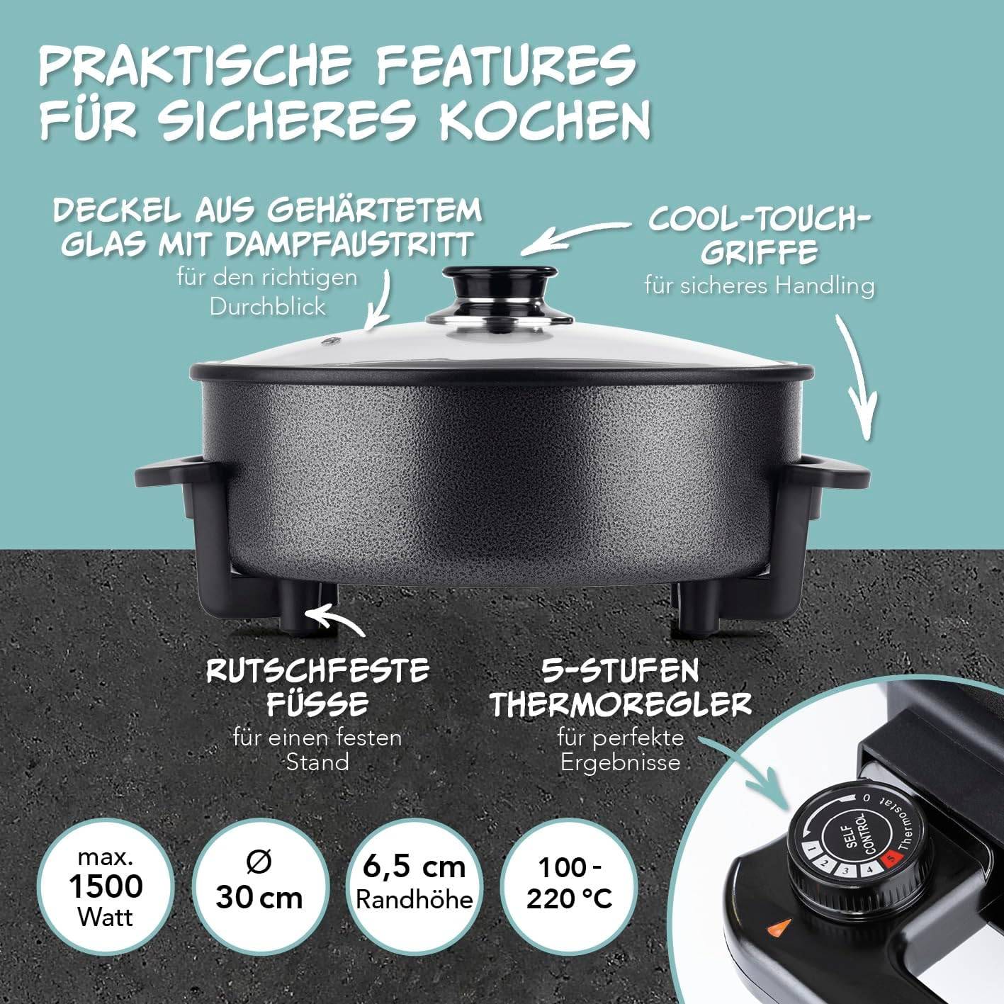 GOURMETmaxx elektrische Pizza-Pfanne mit Thermostat Glasdeckel ⌀ 30 cm 1500 W