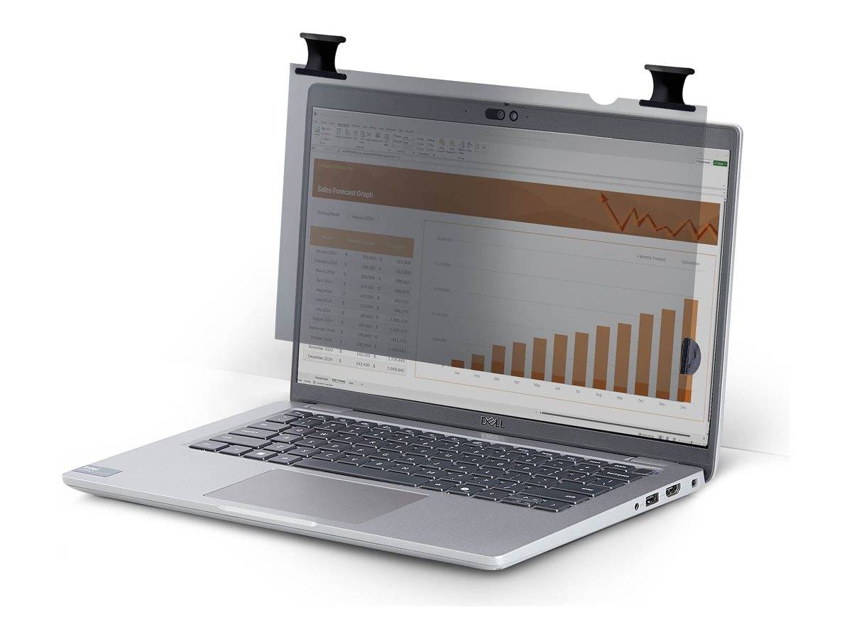 Laptop mit transparentem Bildschirm, der Business-Charts anzeigt: ein Balkendiagramm mit Aufwärtstrend und ein Liniendiagramm, das auf Datenanalyse oder Finanzwachstum hindeutet.