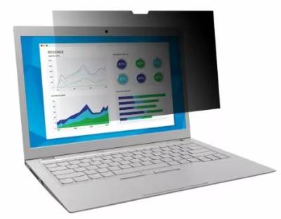 Silberner Laptop, auf dem ein Analyse-Dashboard mit Linien-, Flächen- und Balkendiagrammen angezeigt wird, teilweise von einer dunklen transparenten Datenschutzschutzfolie überlagert.