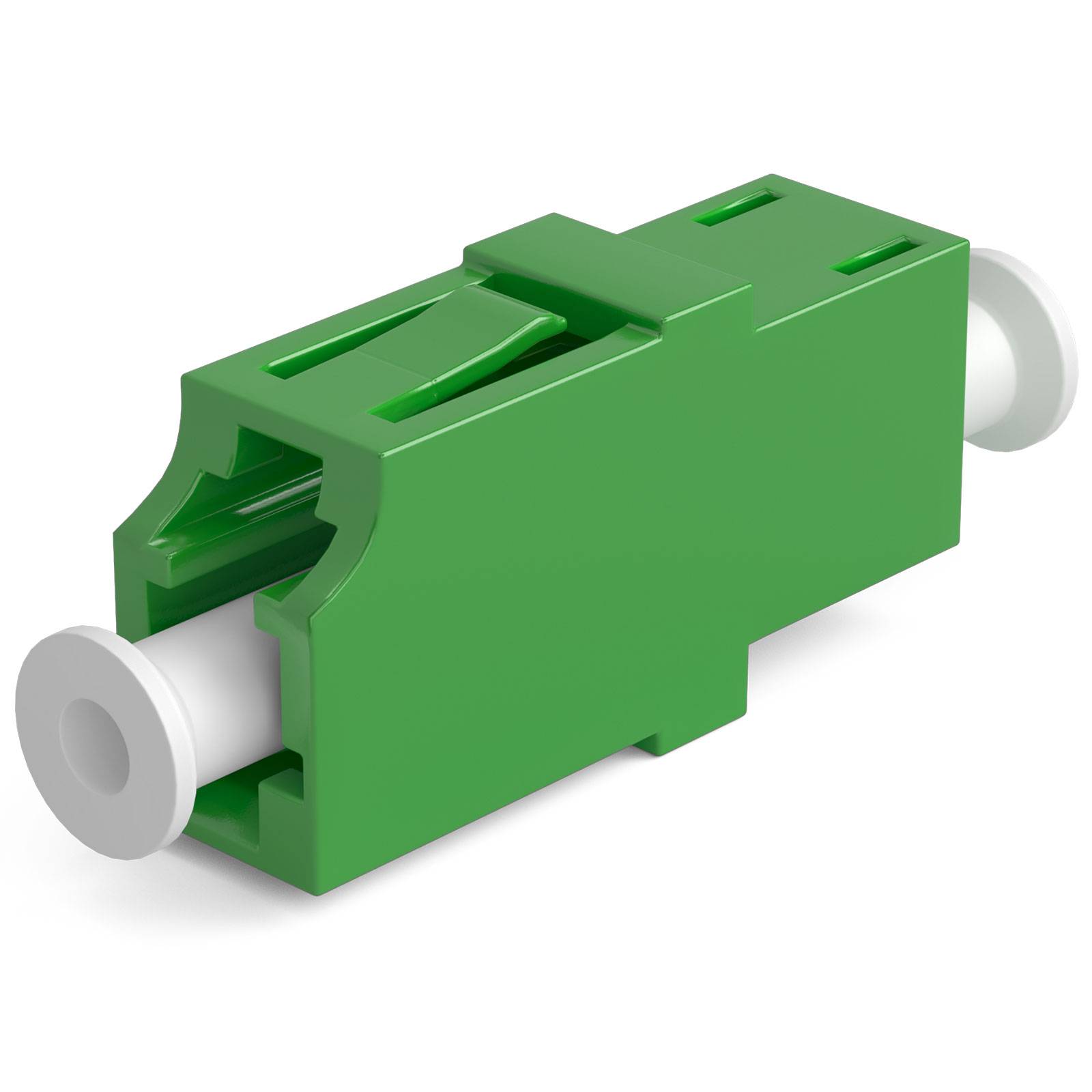 Grüner Lichtwellenleiter-Adapter mit weißen Steckverbindern, in 3D auf weißem Hintergrund dargestellt.