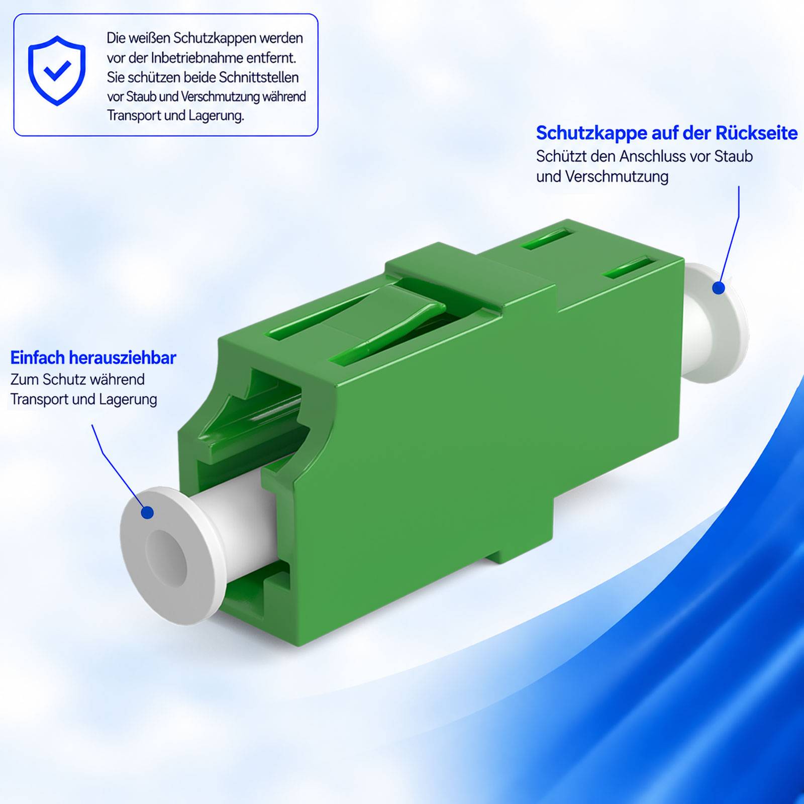 Grüner Faseroptischer Adapter mit weißen Schutzdeckeln; Etiketten erklären, dass die Deckel beide Verbindungsenden während Transport und Lagerung vor Staub schützen.