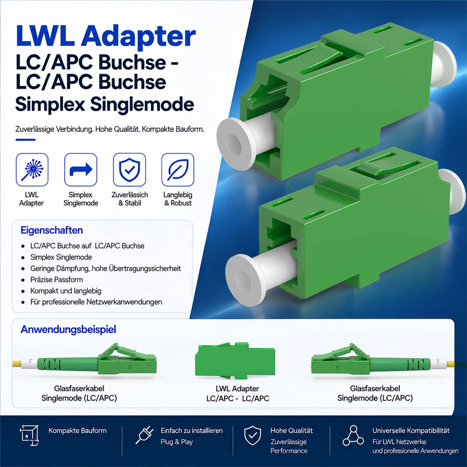 hb-digital LWL Verbinder LC/APC-LC/APC Simplex OS1/OS2 Singlemode - gruen