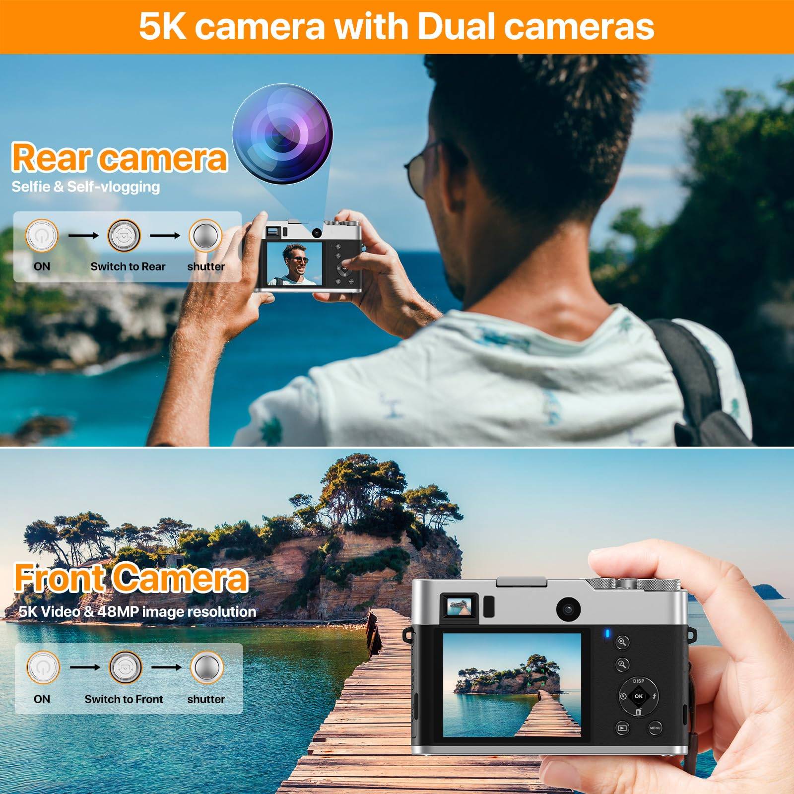 5K Digitalkamera mit Front- und Rückkamera/Sucher/Autofokus/Anti-Shake Brown