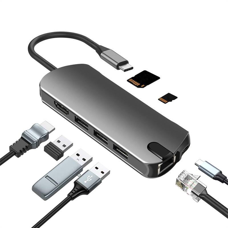 8-in-1-USB-C-Hub mit USB 3.0, HDMI, RJ45, SD/TF-Kartensteckplatz, 100 W PD-Aufladung