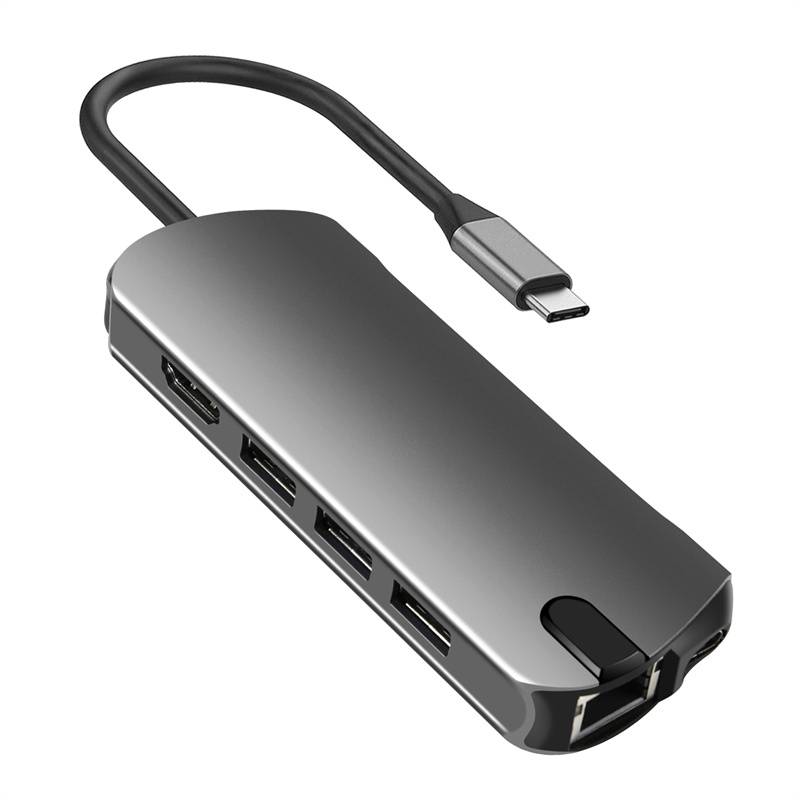 8-in-1-USB-C-Hub mit USB 3.0, HDMI, RJ45, SD/TF-Kartensteckplatz, 100 W PD-Aufladung