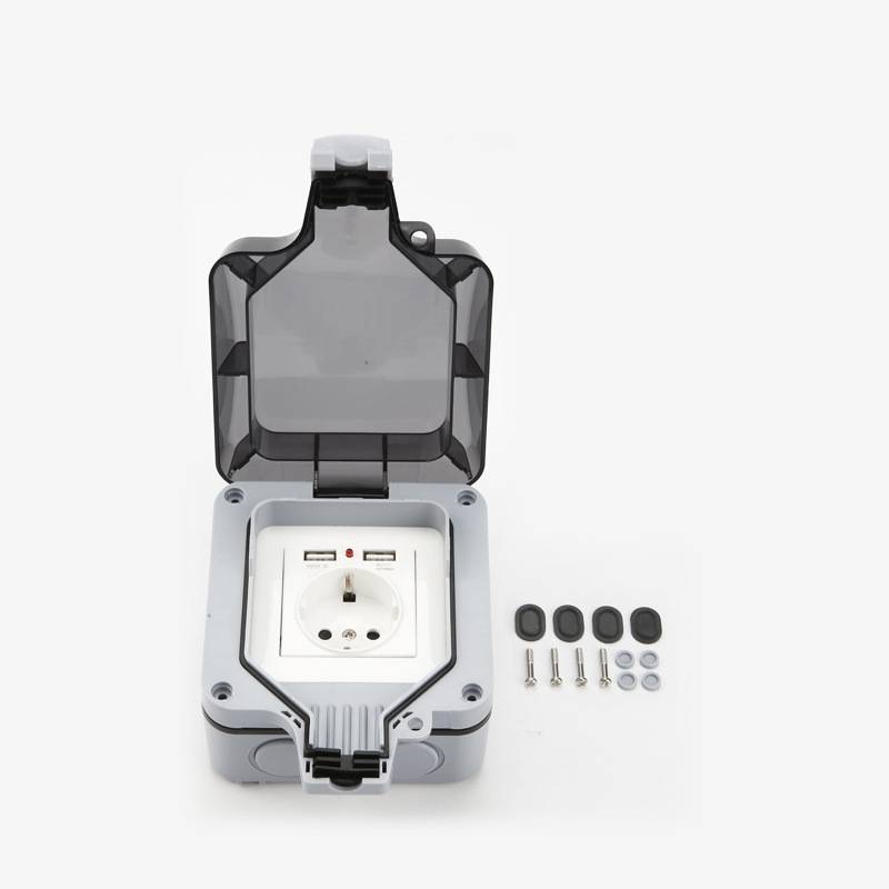 Wasserdichte Steckdose mit Abdeckung, mit 2 USB-Anschlüssen Grey
