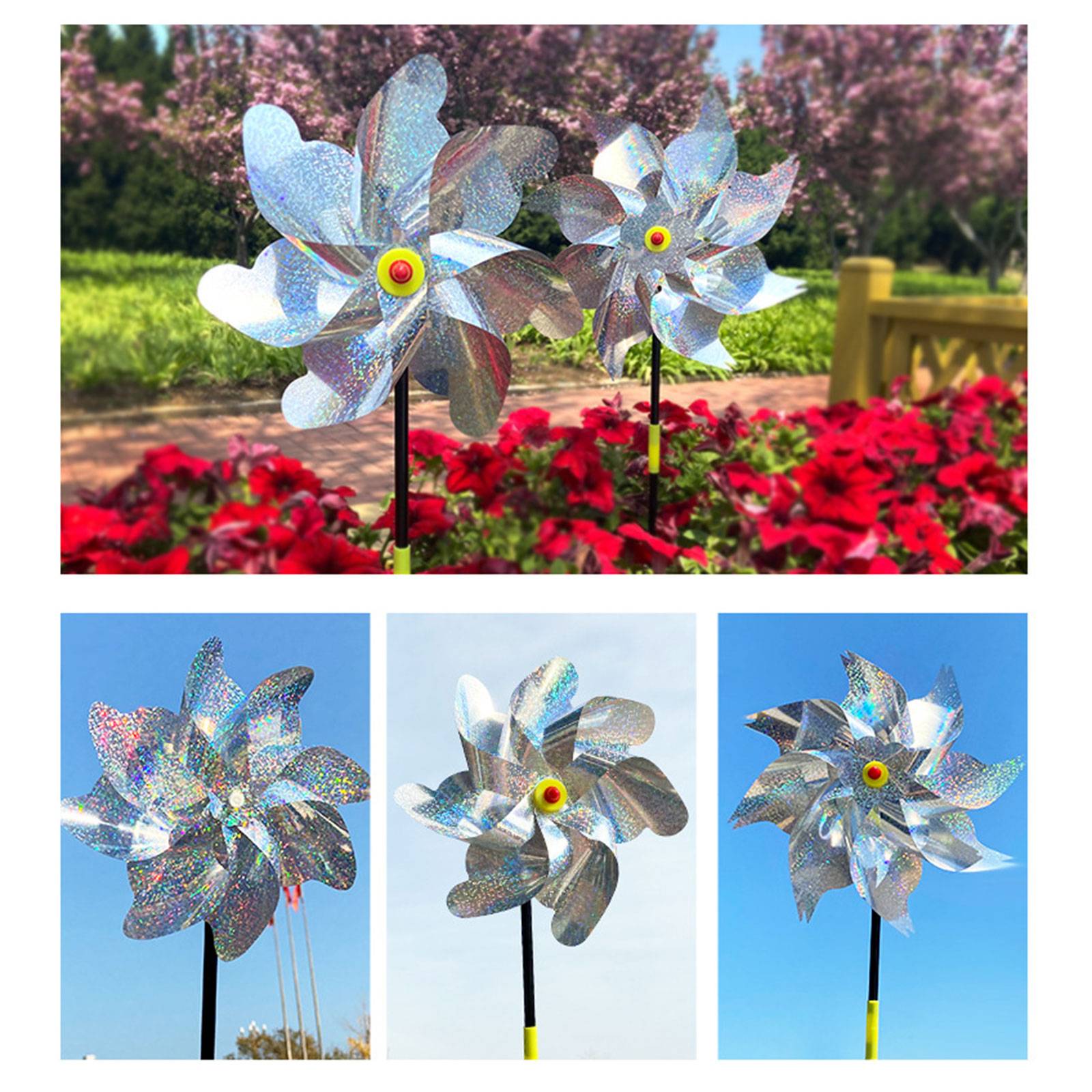Collage aus silbernen Windmühlen-Gartendekoration auf Stangen, gezeigt in Blumenbeeten und vor blauem Himmel.