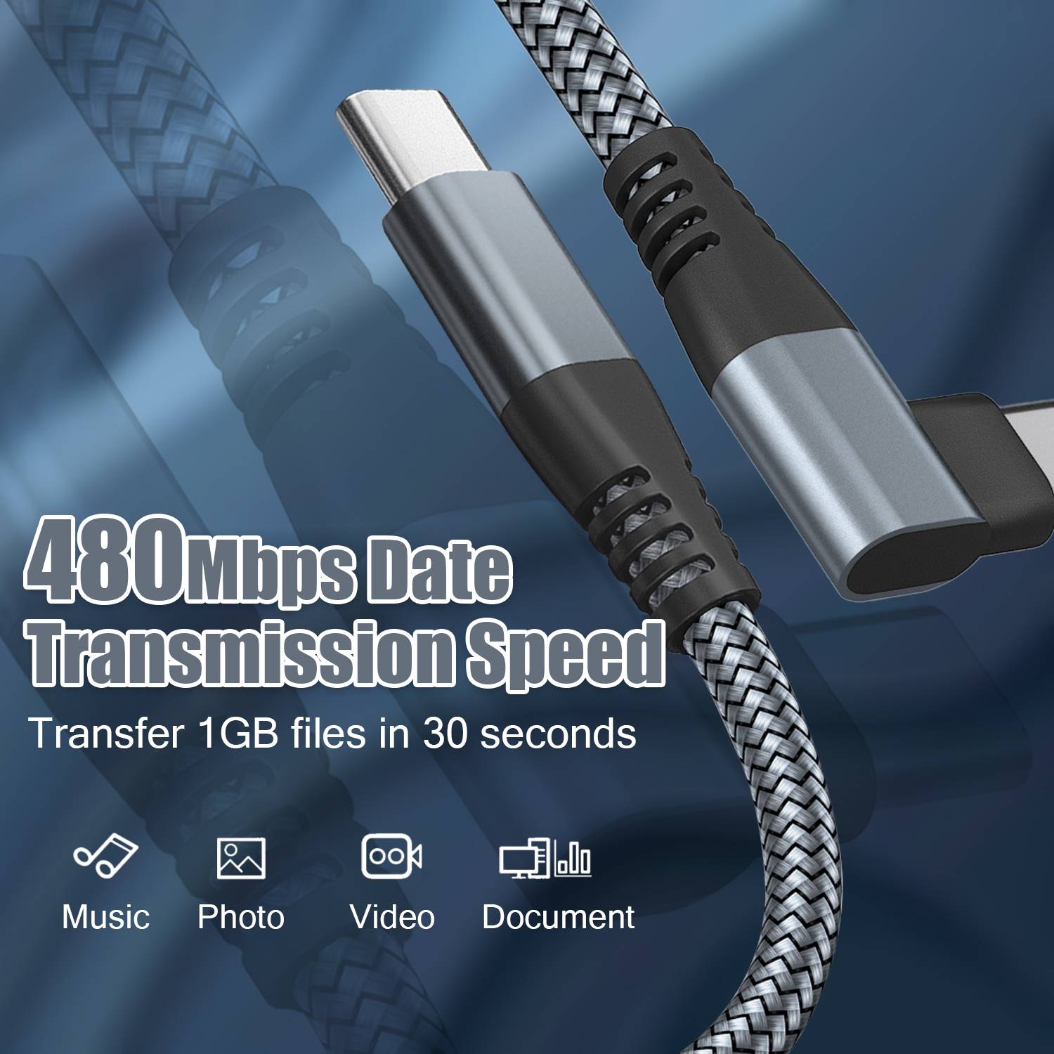 USB-C-Ladegerät mit Winkelstecker 60 W Schnellladung Grey 2 m