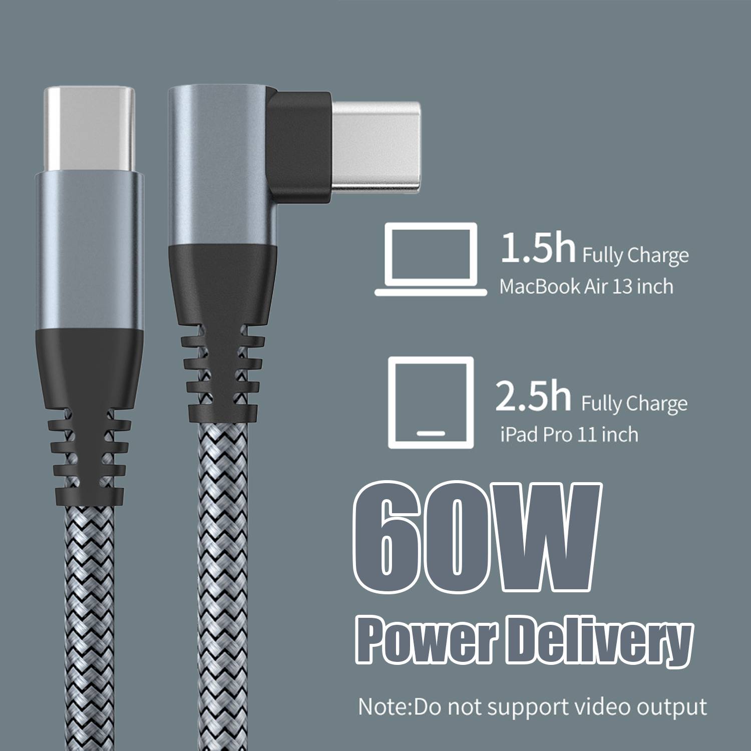USB-C-Ladegerät mit Winkelstecker 60 W Schnellladung Grey 2 m