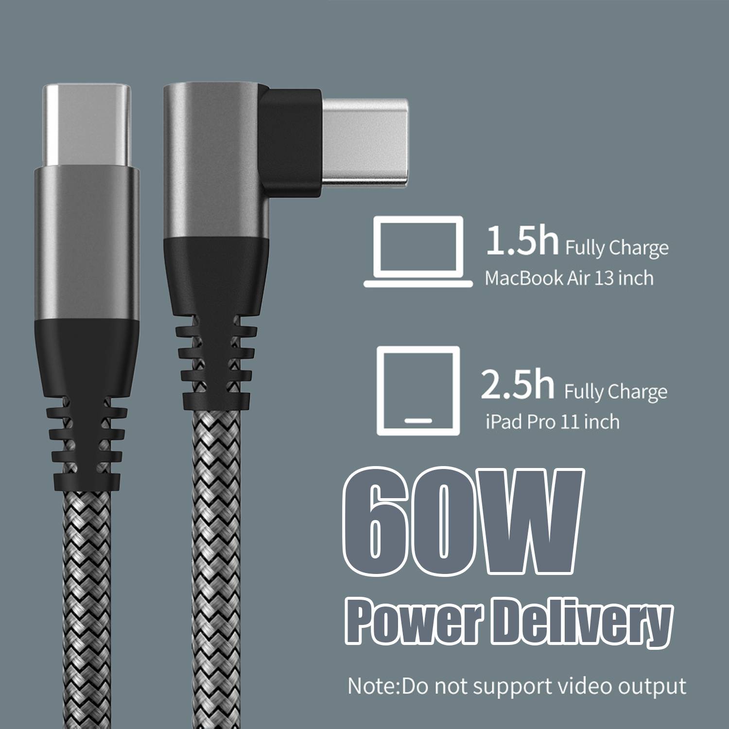 USB-C-Ladekabel mit Winkelstecker 60 W PD Schnellladung Black 2 m