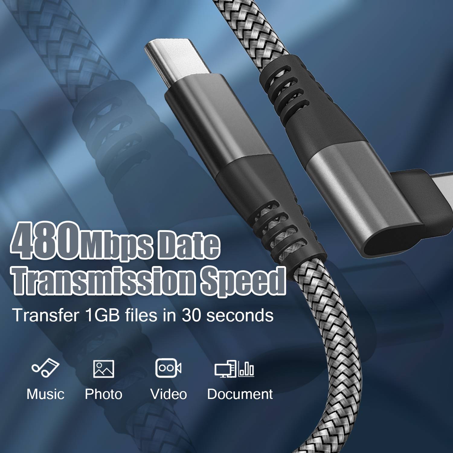 USB-C-Ladekabel mit Winkelstecker 60 W PD Schnellladung Black 2 m