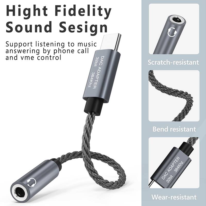 32bit/384kHz USB-C auf 3,5 mm Audio-Adapterkabel DAC-Adapter Grey