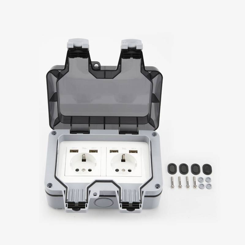 Wasserdichte Steckdose mit Netzschalter, Klappschutz und 4 USB-Anschlüssen Gray