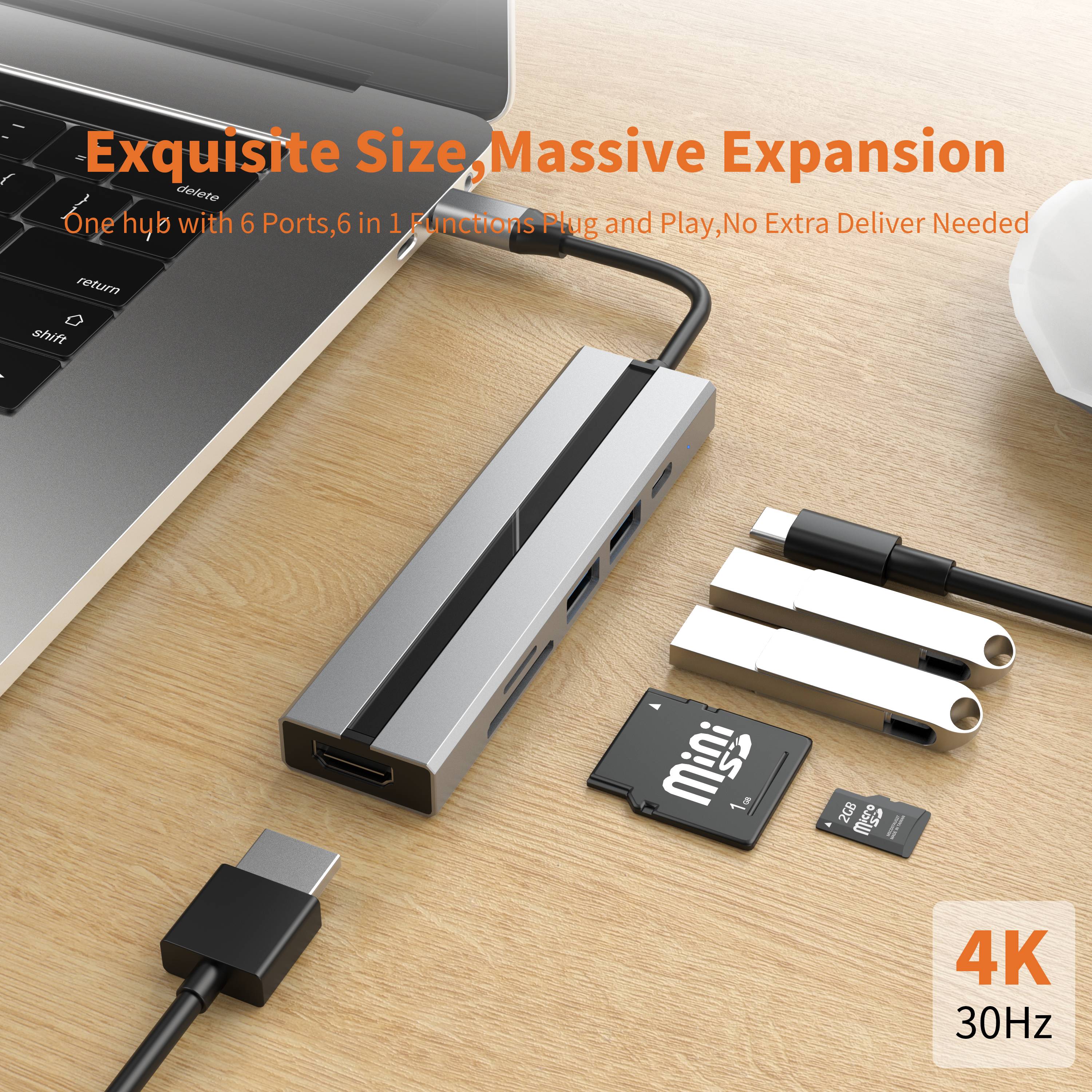 6-in-1 USB-C-Hub mit 4K HDMI, USB 3.0/2.0-Anschlüssen, SD/TF-Kartenleser