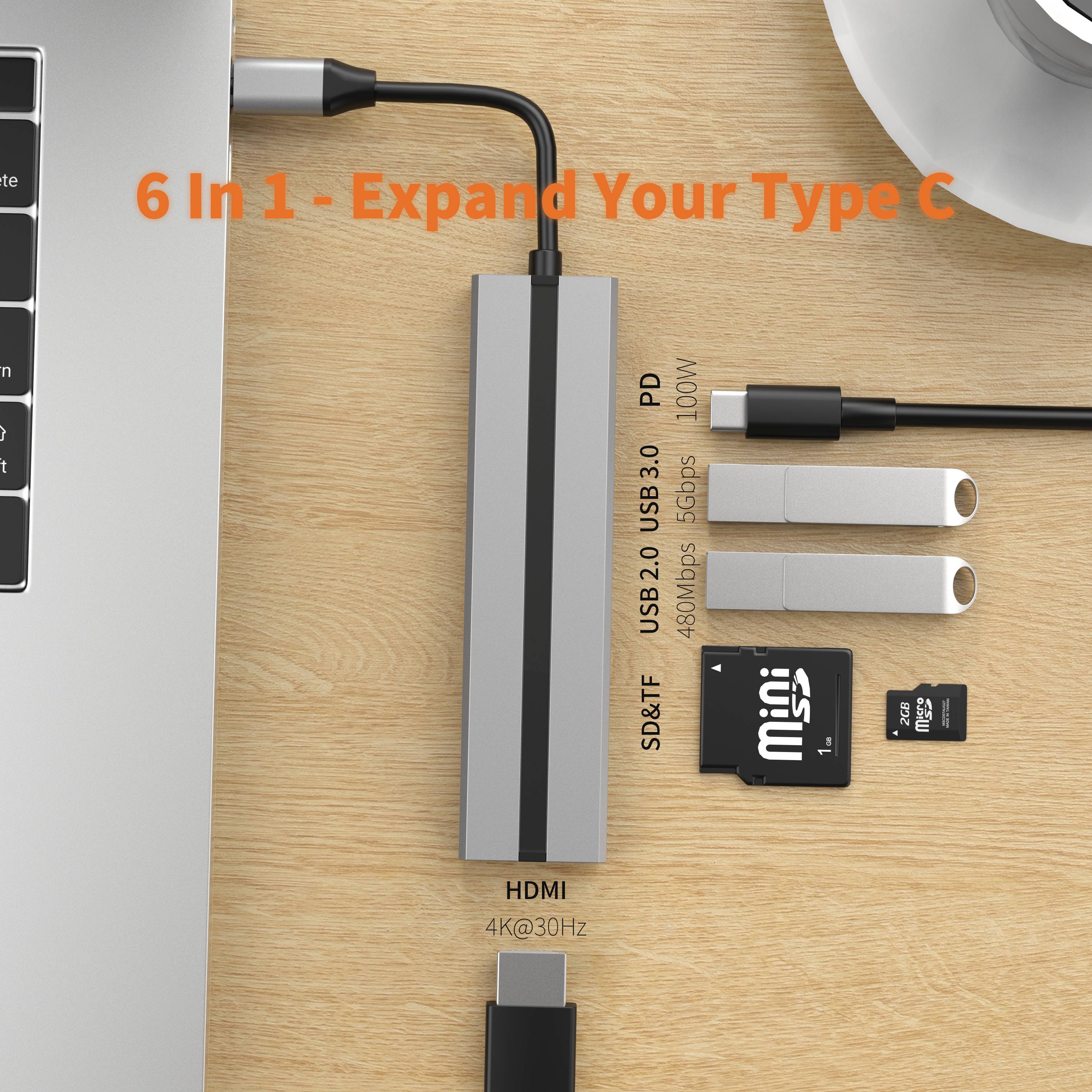 6-in-1 USB-C-Hub mit 4K HDMI, USB 3.0/2.0-Anschlüssen, SD/TF-Kartenleser