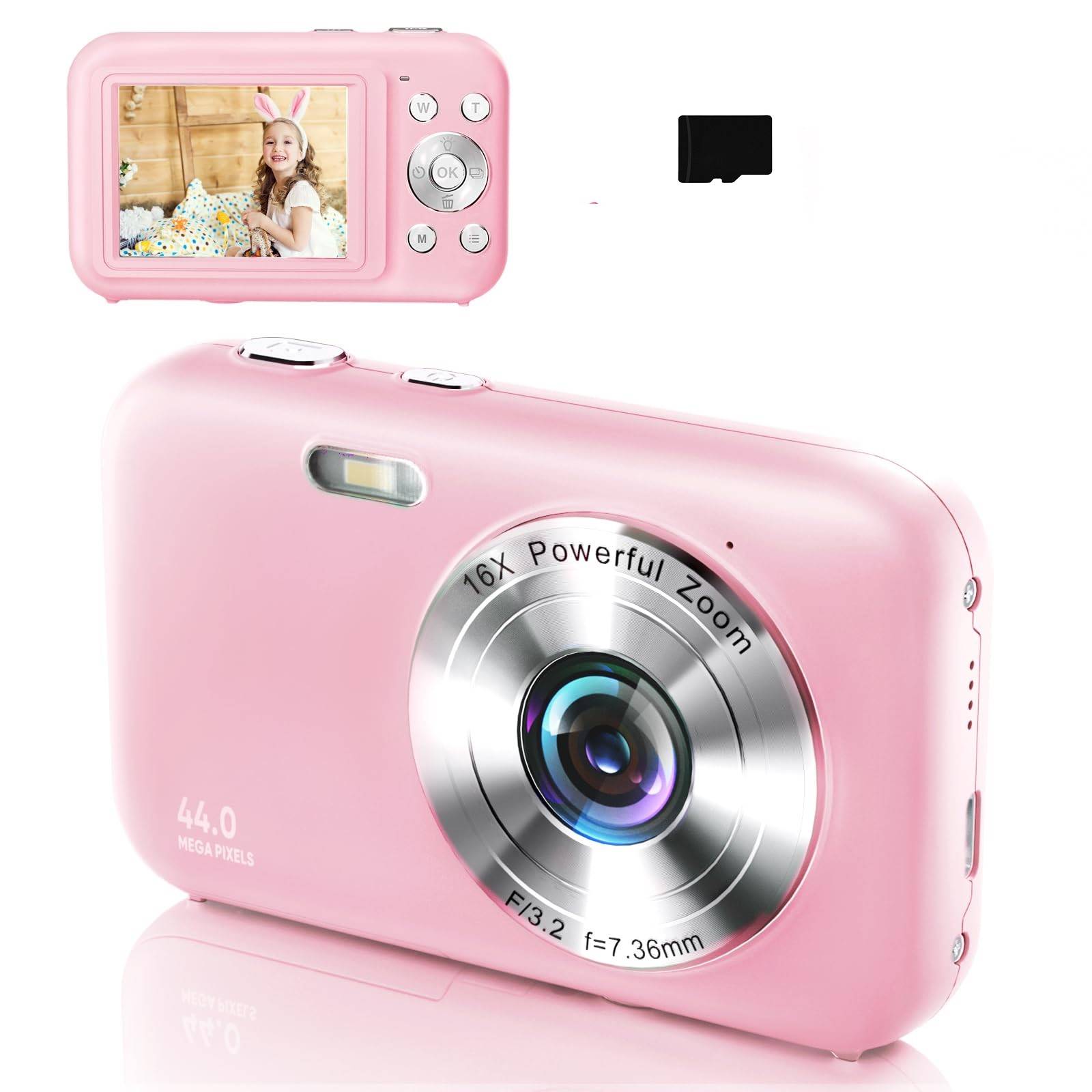 Digitalkamera 1080P 44 MP, 16-fach Zoom, 2,4" Display, 32 GB Speicherkarte Pink