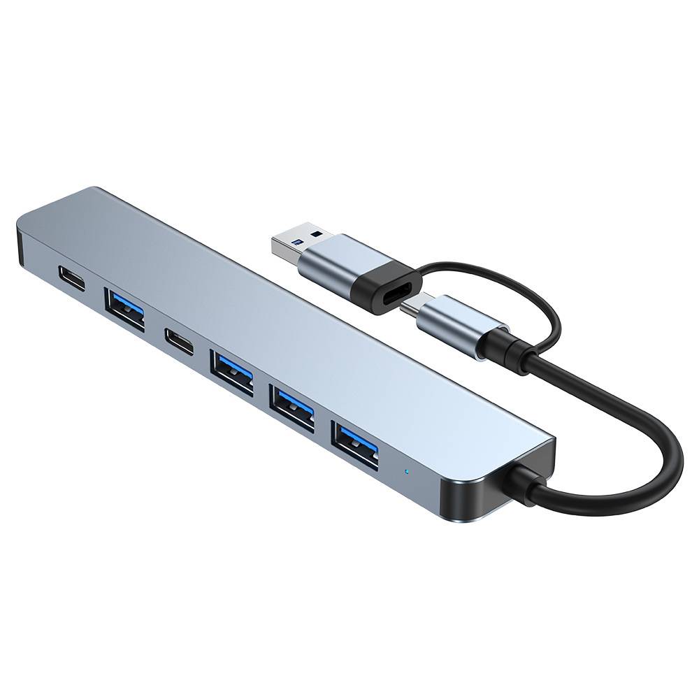 2-in-1 USB-C / USB-Hub 7 Anschlüsse USB3.0 für Windows MacOS Grey